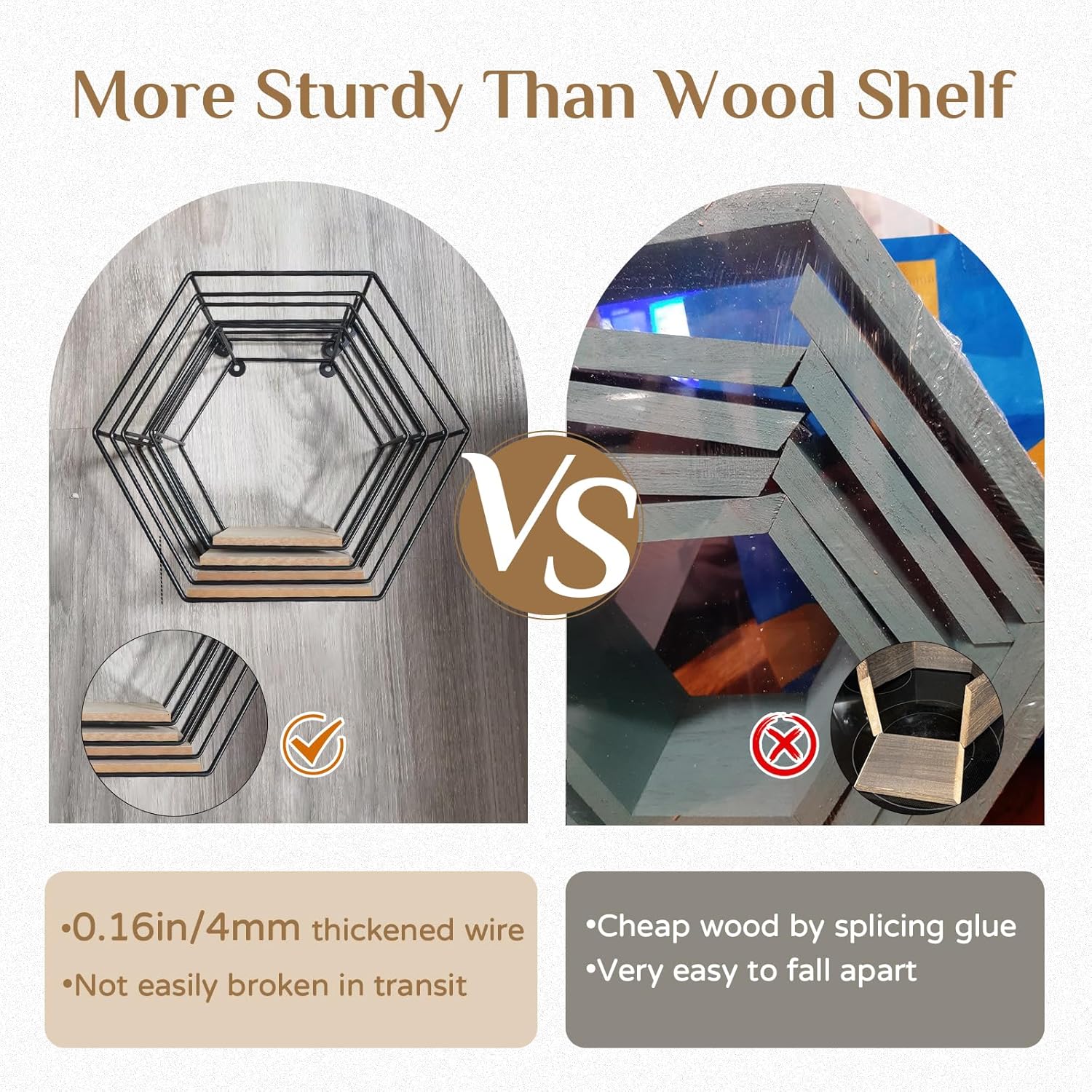 Hexagon Shelves Black for Wall - Metal Wood Floating Honeycomb Shelf - Hanging Planter Shelves for Living Room Bedroom Bathroom Set of 4