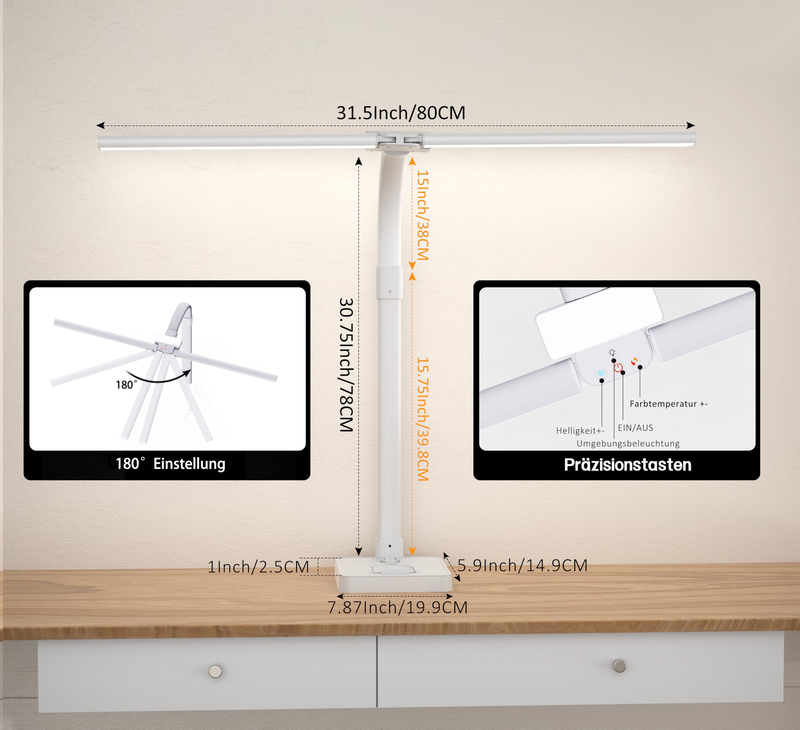 LOTTBUTY Lampada da scrivania a doppia testa a LED, dimmerabile, 24 W, 80 cm, per casa, ufficio, lampada da tavolo, a collo di cigno (bianco, base per scrivania con supporto per cellulare)