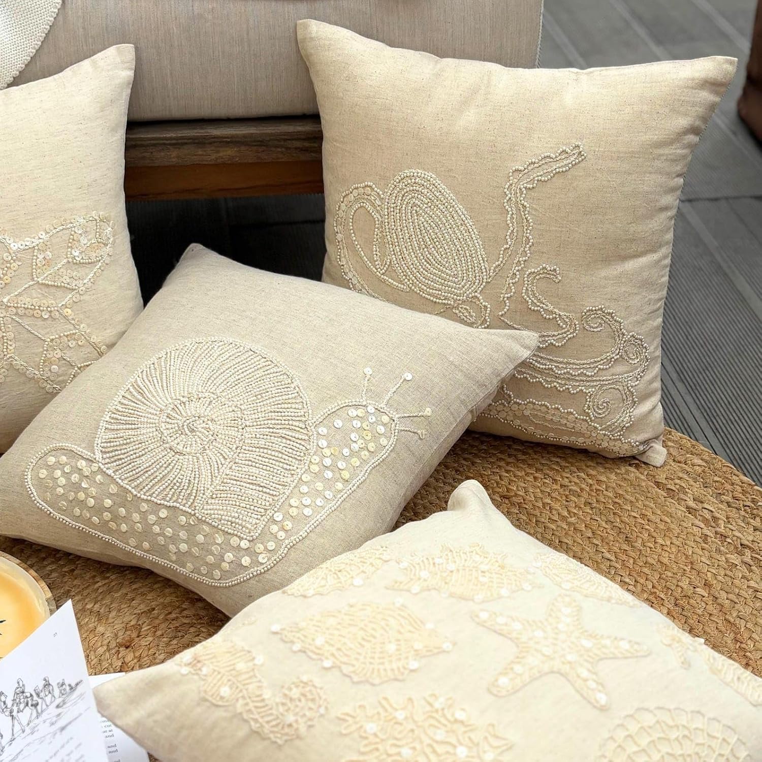 The HomeCentric Pillow Case Covers with Zipper, Natural Beige European Sham Covers 26x26 inch (65x65 cm) Linen Euro Pillowcases, Animal Print, Snail, Pearls, Contemporary Easter - Snail Pearls