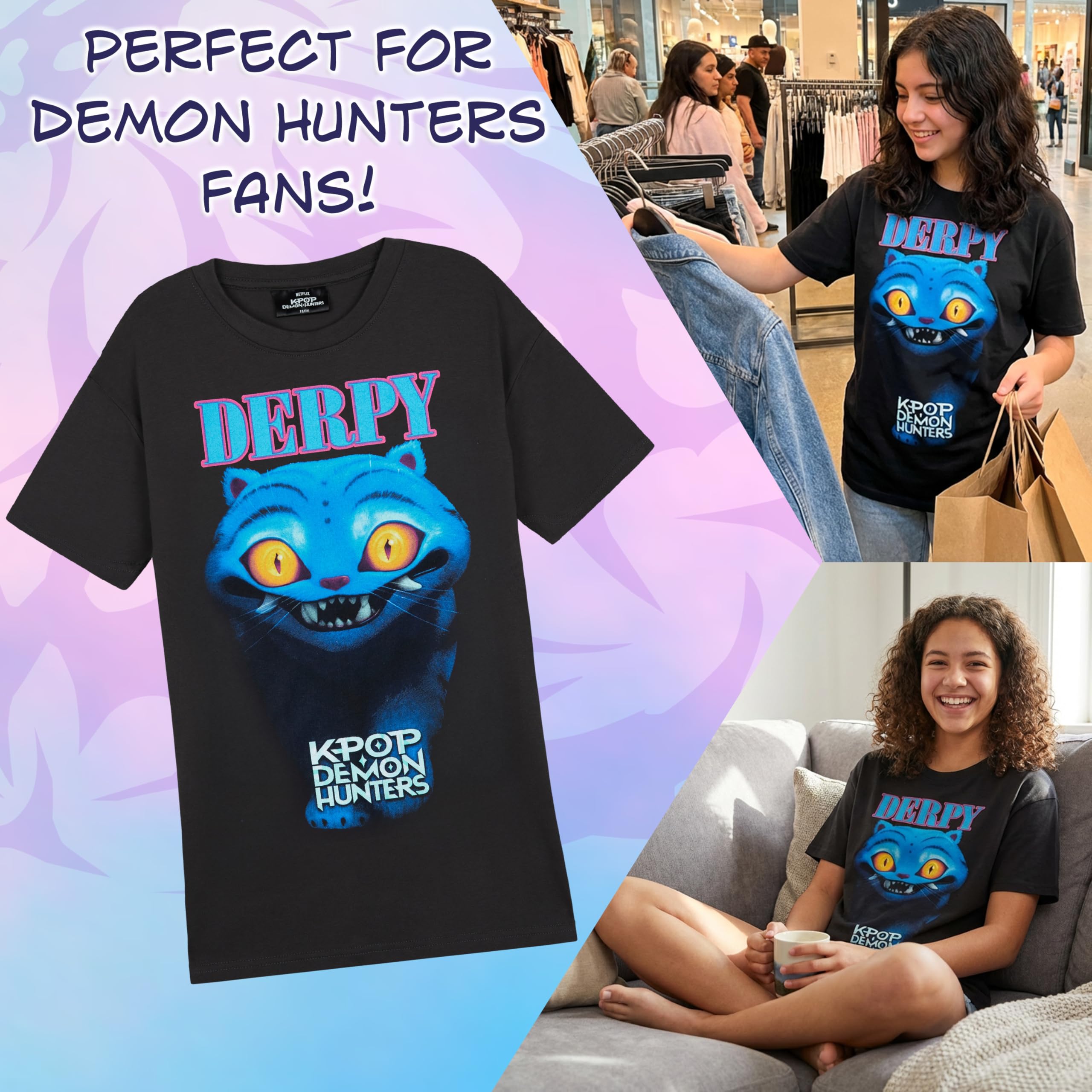 KPop Demon Hunters Oficial Camiseta Niña Manga Corta, Huntrix Saja Boys Derpy Tiger, Regalo Niña Chica
