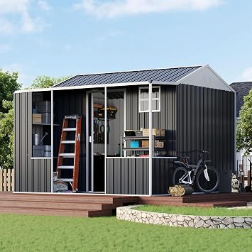 VanAcc 9x9x7 FT Dual-Zone Metal Storage Shed with Work Area | Reinforced frame, gable roof and ventilated structure help keep tools, equipment and workspace protected outdoors