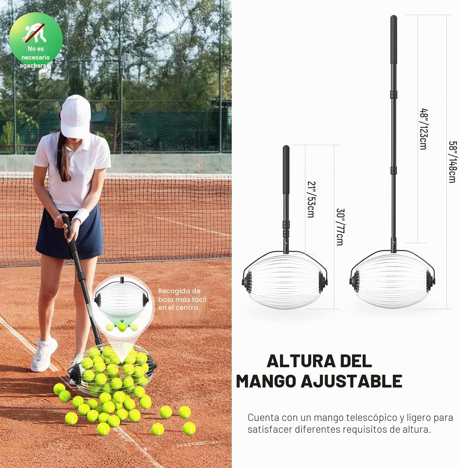 NEEWER Recolector Pelotas Tenis, R30-58/77-148cm 30-58"/77-148cm Telescopic Rolling Ball Retriever Picker Upper Hopper Roller Basket Holder para 40 Pelotas Tenis, Accesorios & Entrenamiento, TB01S