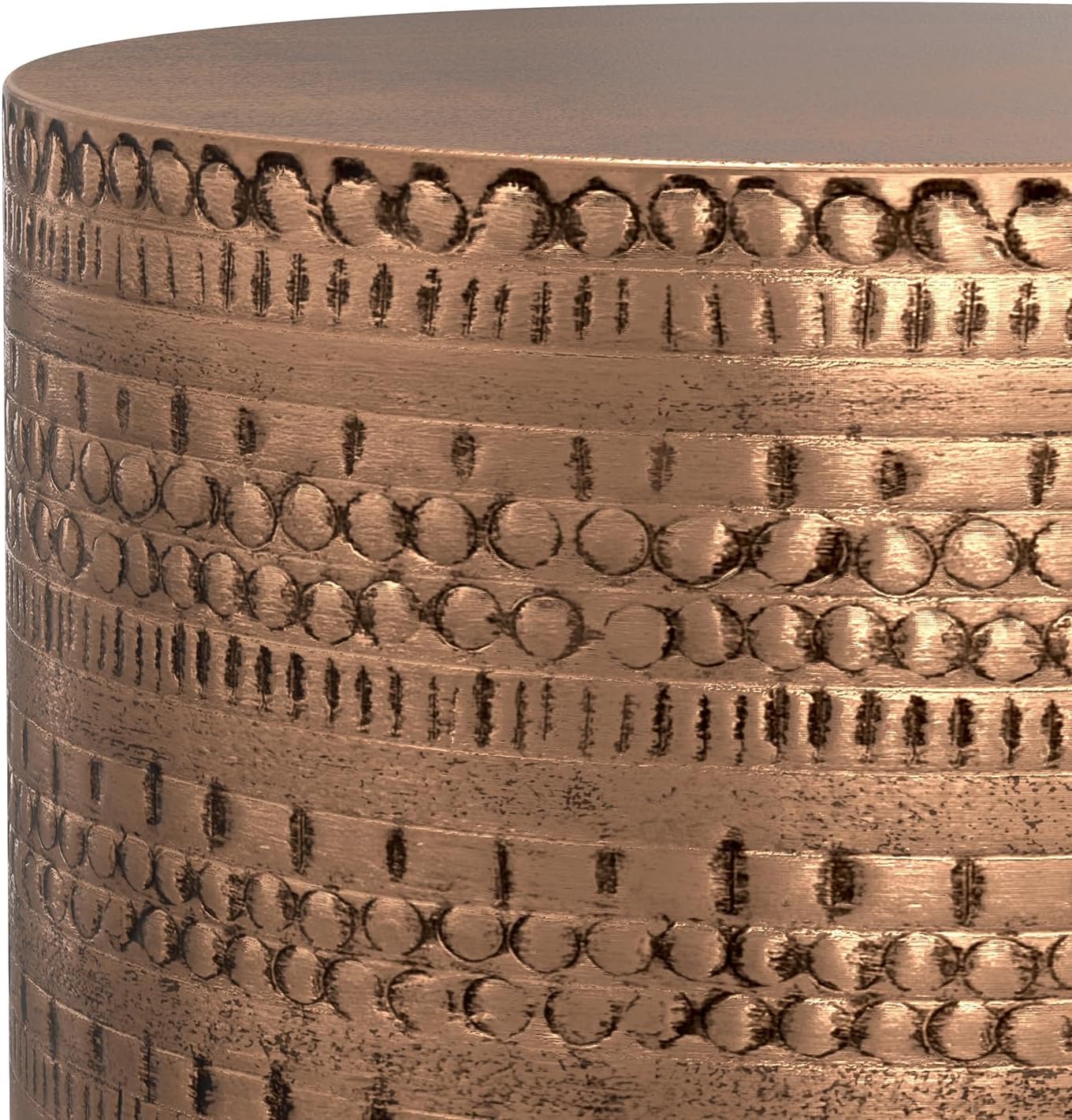 SIMPLIHOME Johnsen Metal Table - 15 inch Wide Solid Iron Drum Accent Table in Antique Copper with Tribal Pattern, Round Boho End Table for Living Room, Bedroom, or Home Office, Fully Assembled