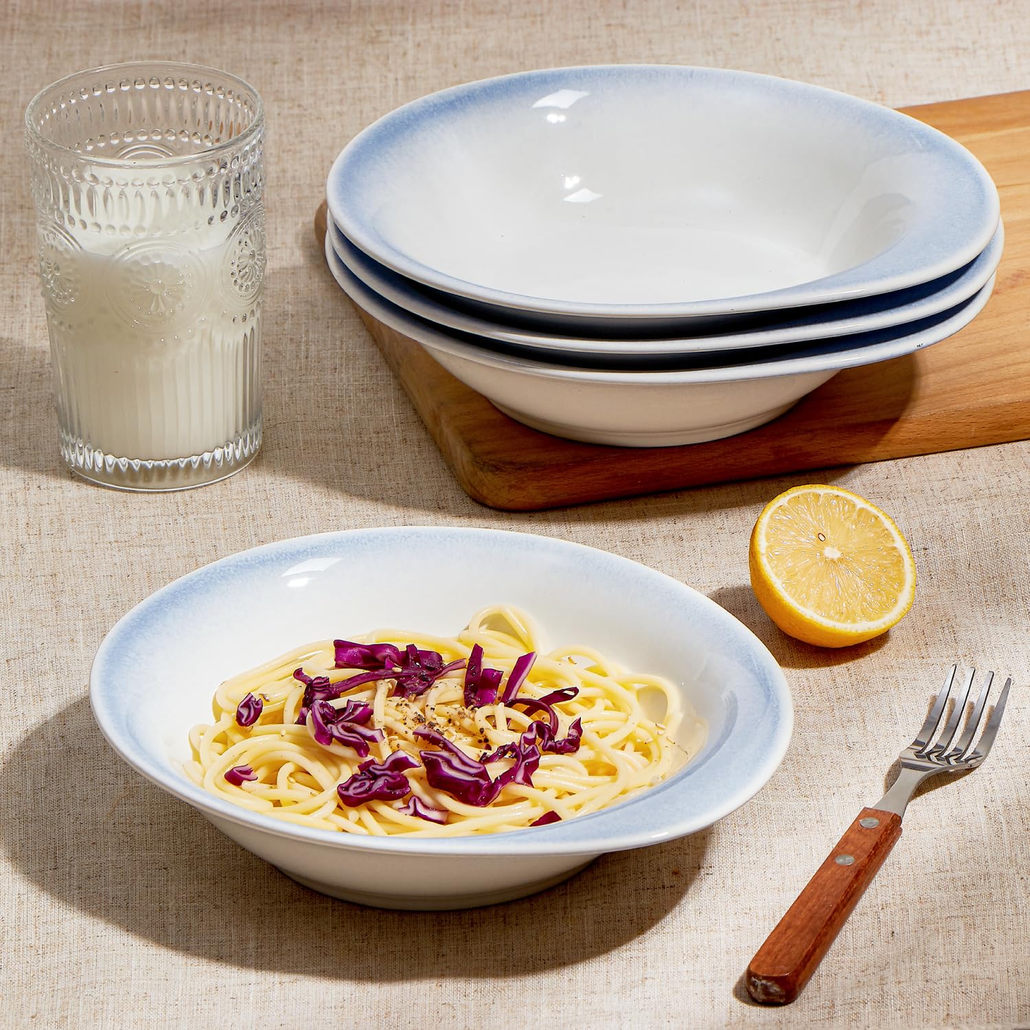 ONEMORE Soup Bowls, Pasta Bowls Set of 4, Blue Shallow Cereal Bowls 20 oz Ceramic Bowls Microwave & Dishwasher Safe - Image 2