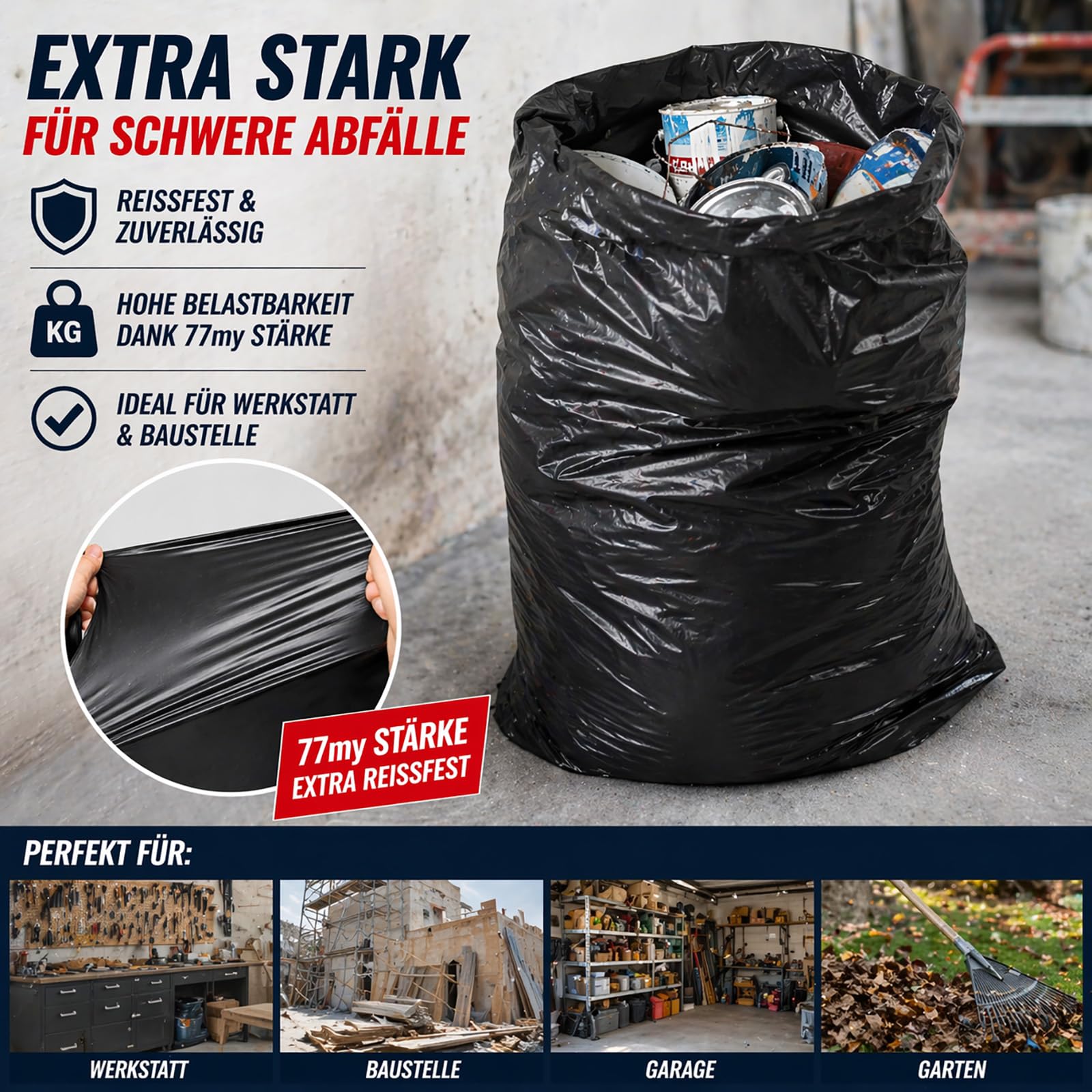 Sacco per rifiuti 150 L (77 my) - sacchi per rifiuti XXL antistrappo - 10 pezzi per rotolo - robusti sacchi per rifiuti grigio/nero per giardino, casa, cantiere e gastronomia come sacco per rifiuti.