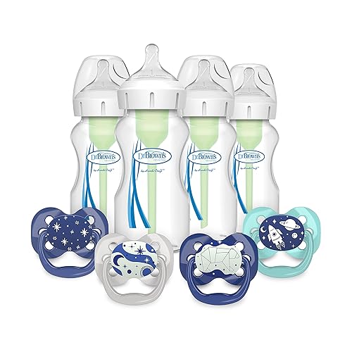 Dr. Brown's Natural Flow® - Biberón anticólicos Options+™ de cuello ancho, 9 oz/9.1 fl oz, pezón nivel 1, paquete de 4, chupete simétrico de 0.0 ft+