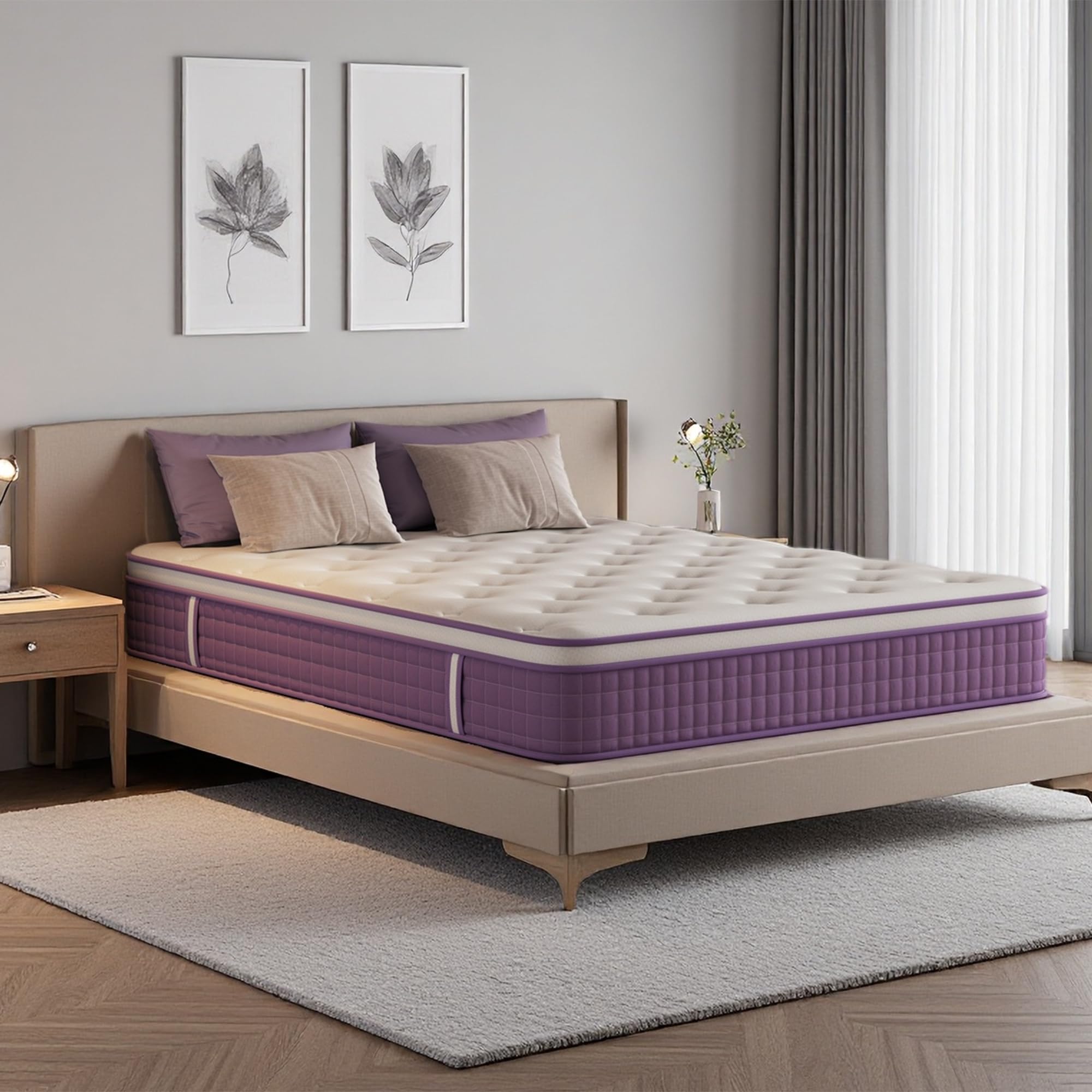 12 Inch Queen Mattress in a Box, Purple Hybrid Mattress with Gel Memory Foam and Pocket Springs for Motion Isolation, Pressure Relief & Cool Sleep,