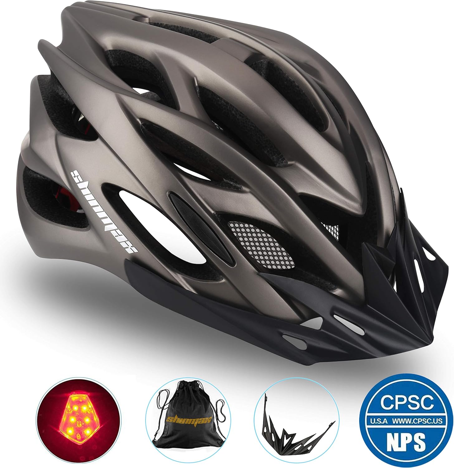 Shinmax Bike Helmet,Helmet Bike Adult with Safety LED Light Bicycle Helmet with Visor Storage Backpack,Lightweight Adjustable Cycling Helmet Specialized Mountain Road Bike Helmet for Men Women 57-62CM