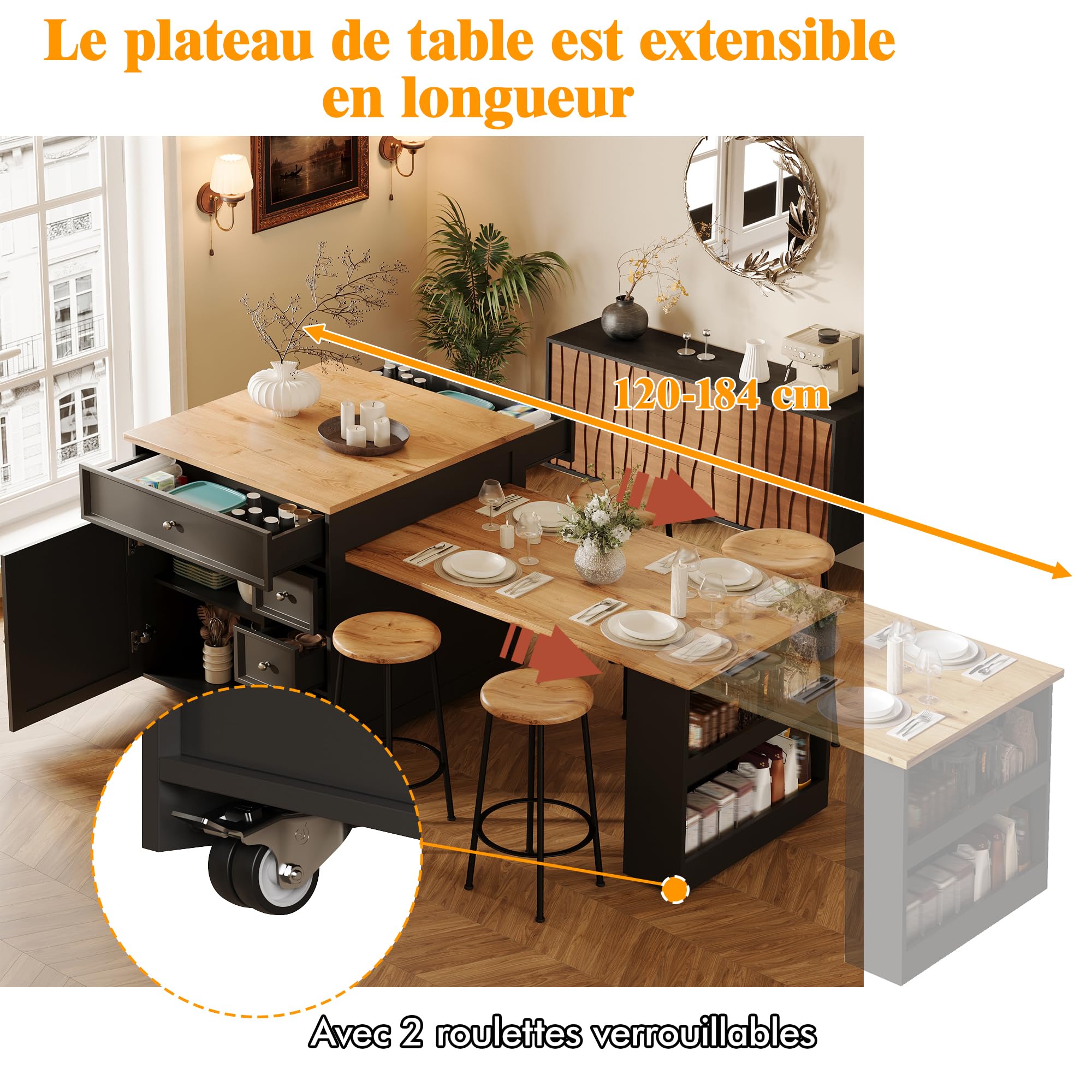 Îlot Central Cuisine Extensible avec 5 Tiroirs et Étagère Réglable, Grande Surface de Travail 120-184 cm, Meuble de Rangement sur roulettes pour Cuisine, Salle à Manger et Coin Repas (Noir)