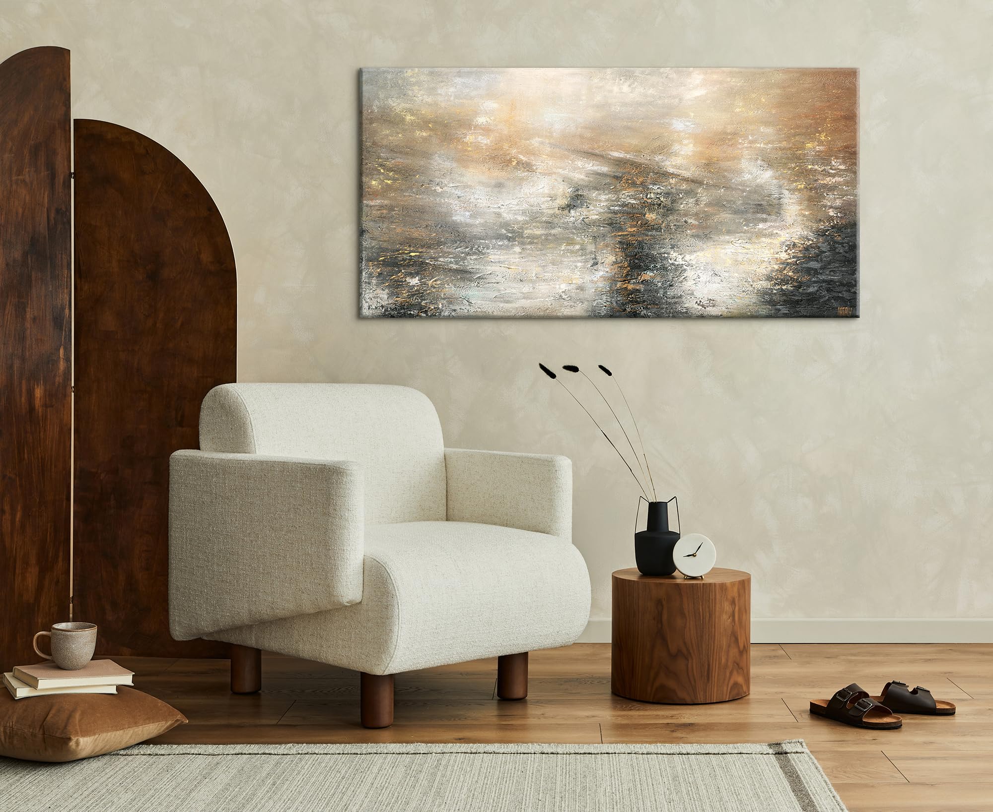 YS Tableau peinte à la main art abstrait modern Puissance élémentaire tons gris et noirs avec or Décoration intérieure Surface texturée 140x70 cm