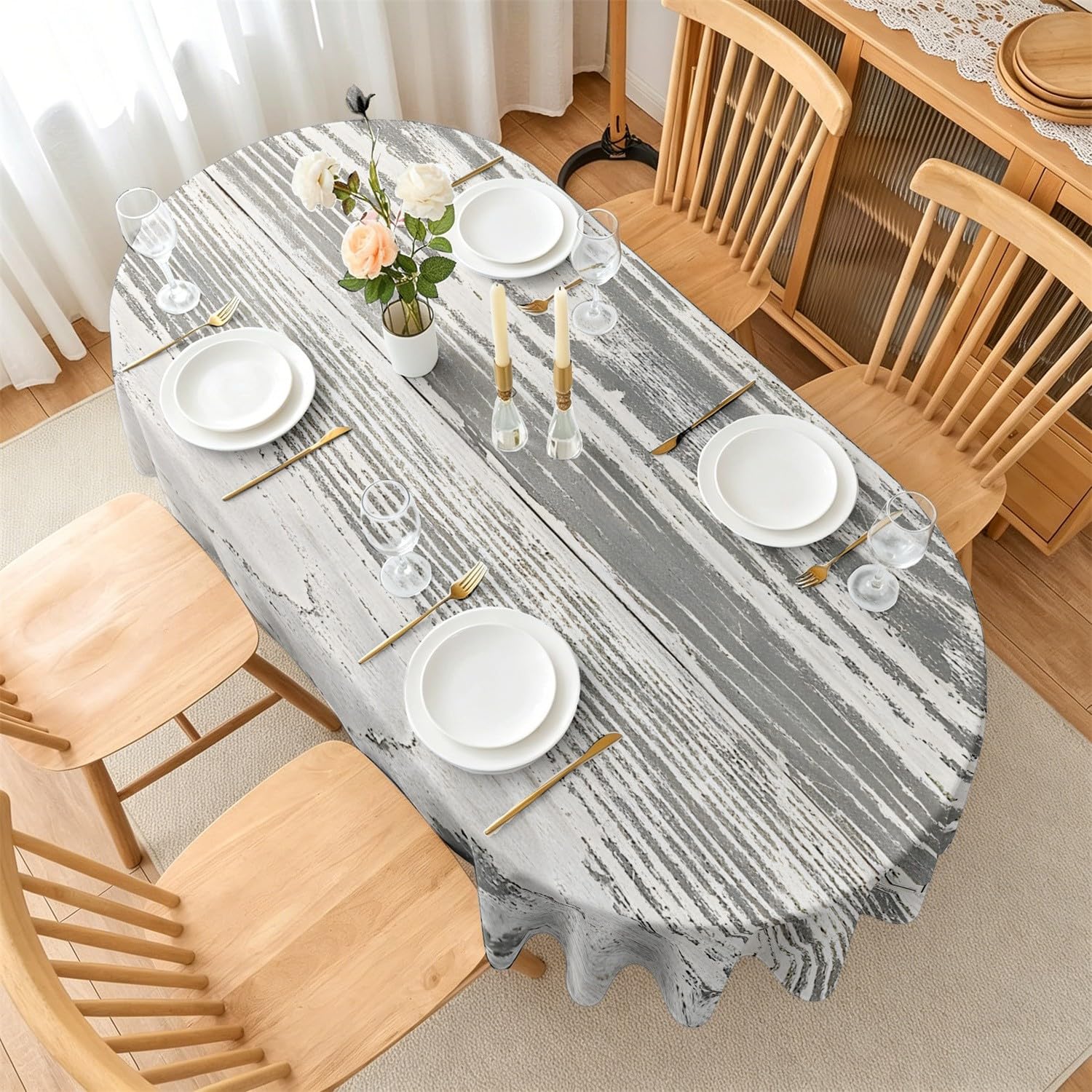 Nappe Ovale 160x240 cm Effet Bois Rétro, Imperméable et Anti-Tache, Nappe de Table Lavable Effet Bois, Linge de Table Décoration pour Cuisine Salle à Manger Jardin Terrasse Balcon Q-70