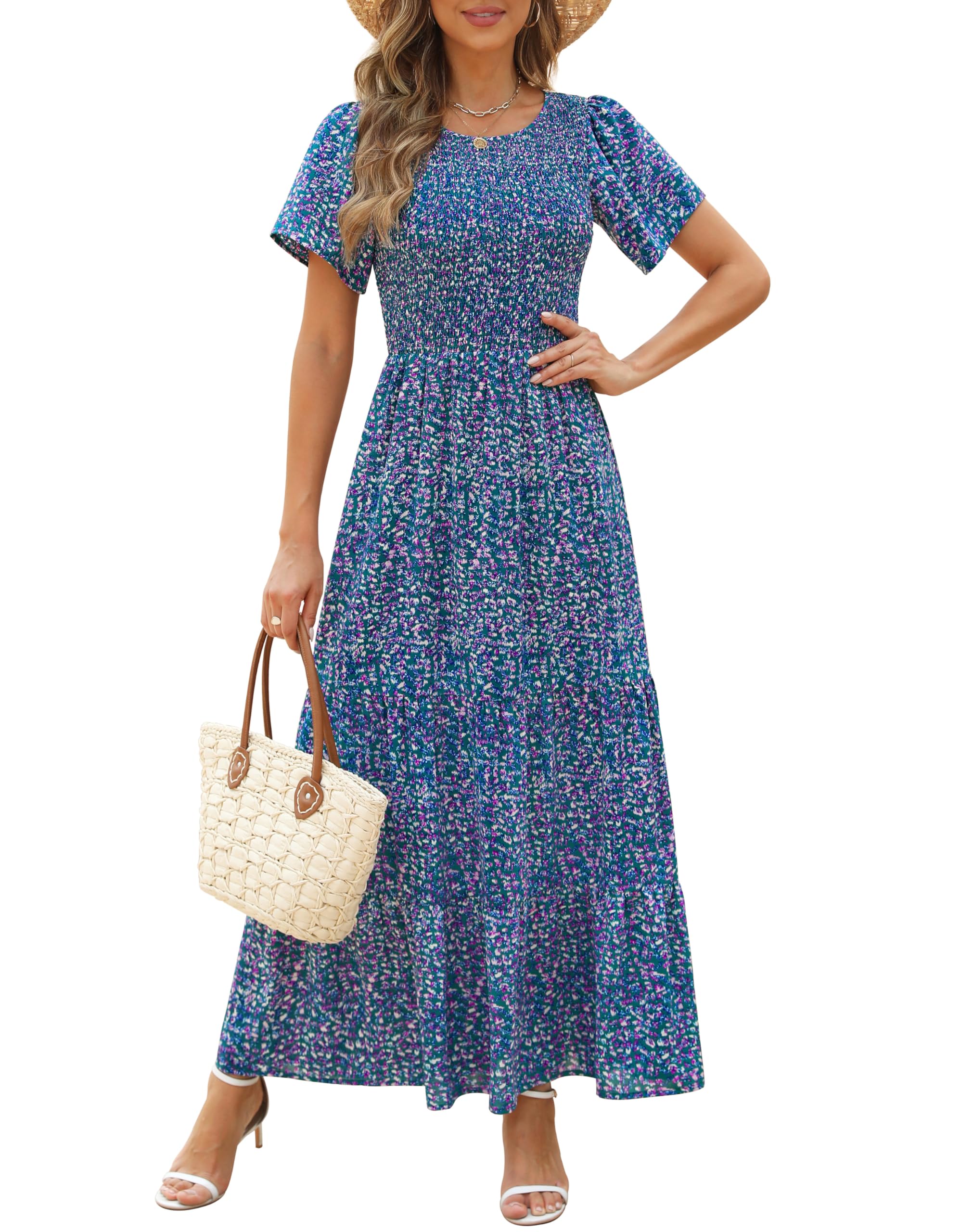 Kranda Women 2025 Summer Fall Crewneck Short Sleeve Smocked Floral Maxi Dress