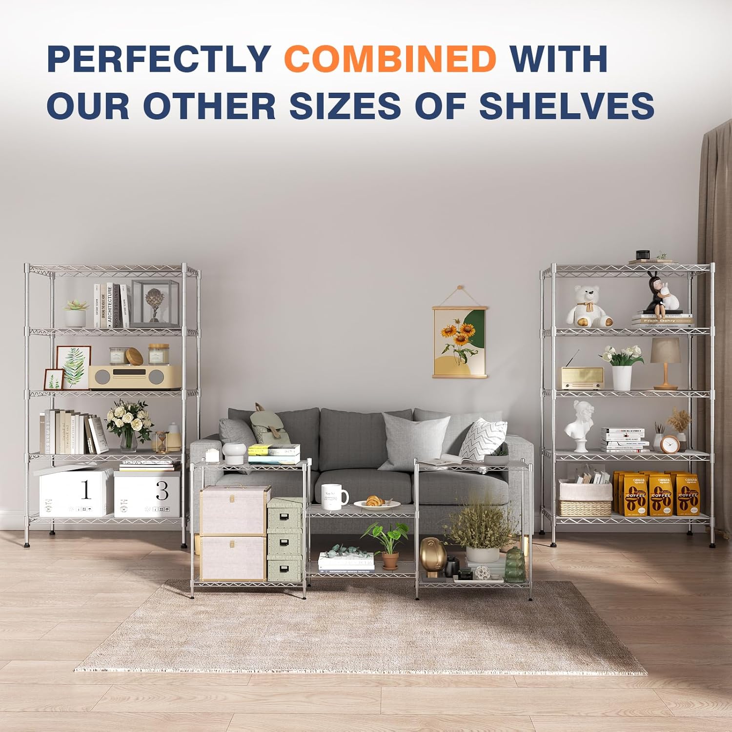 750lbs 3-Tier Wire Shelf Rack,24" Dx14 Wx22 H,Kitchen Metal 3-Shelves Rack with Lockable Wheels,Height Adjustable Wire Shelving Unit and Storage for Living Room,Laundry,Office,Pantry,Studio - Image 6