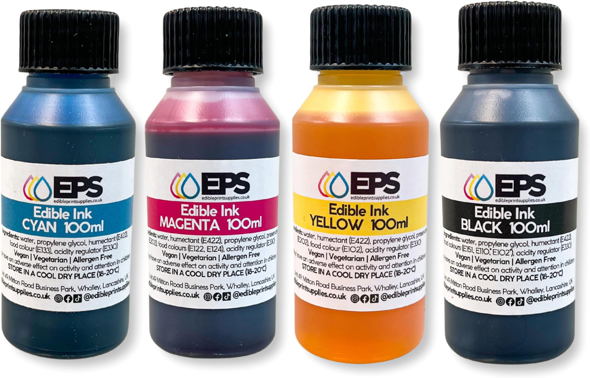 EPS Edible Ink for Canon & Epson Edible Printer - Bottled Refills (4 x 100ml) - Full Set of Bottled Edible Inks in Black, Cyan, Magenta and Yellow for CMYK Inkjet Edible Printers