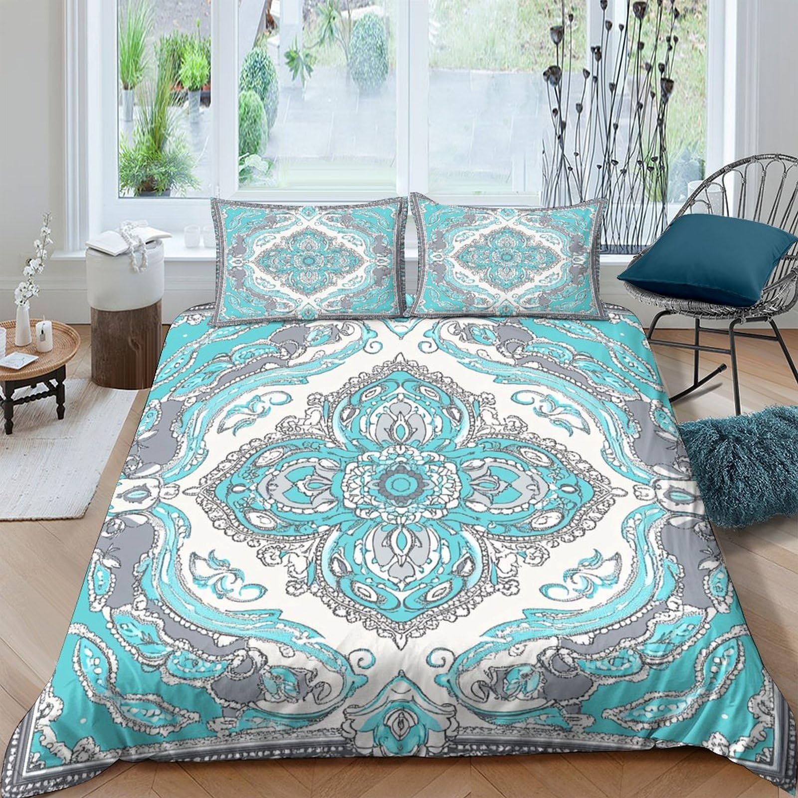 Ctjqhvkz Style-2 3D Printed Turquoise Mandala Fitted Sheet Microfiber Soft Grey Pattern Bed Cover For Bedroom Guest Room Decor Single（135X200cm）