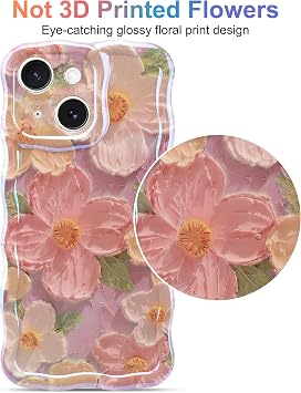 Jusy Case for iPhone 13, Colorful Retro Oil Painting Printed Flower Laser Blue Glossy Pattern Cute Curly Wave Phone Case Soft TPU Cover for Girly Women -Pink