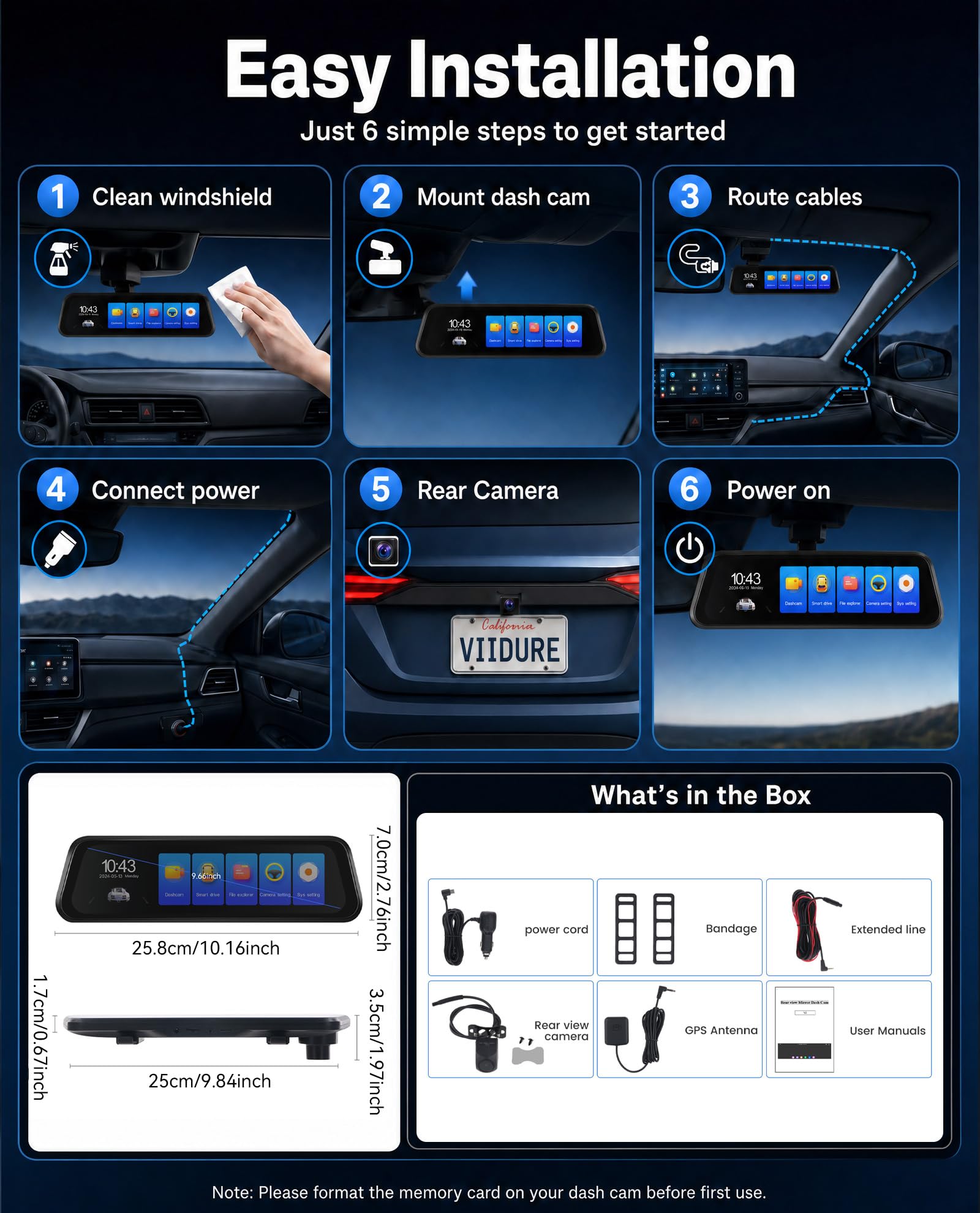 SIXWIN 4K Dashcam Espejo Retrovisor 9,66″ Pantalla Táctil con WiFi y App – Cámara Dual 4K+1080P, GPS, BSD/ADAS, Visión Nocturna, Grabación Cíclica, Sensor G, Asistente de Aparcamiento, Vigilancia 24h