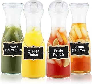 AYL Set of 4 Glass Carafe with Lids, 1 Liter Water Pitcher Beverage Serveware Carafe, Clear Glass Pitcher for Mimosa Bar, Cold Water, Brunch, Wine, Juice, Milk, Iced Tea, Lemonade,1 Hand Pour Lid