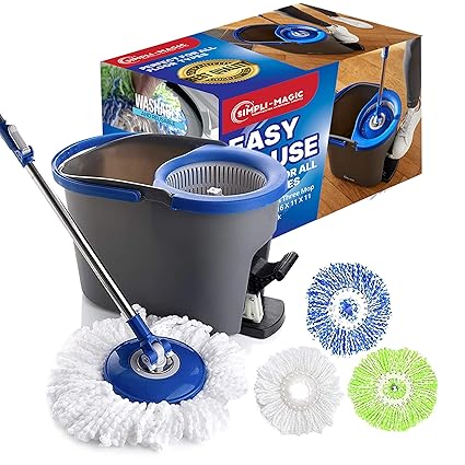 Simpli-Magic 79381 Spin Cleaning System with 3 Microfiber Mop Heads, Premium, Blue/Grey