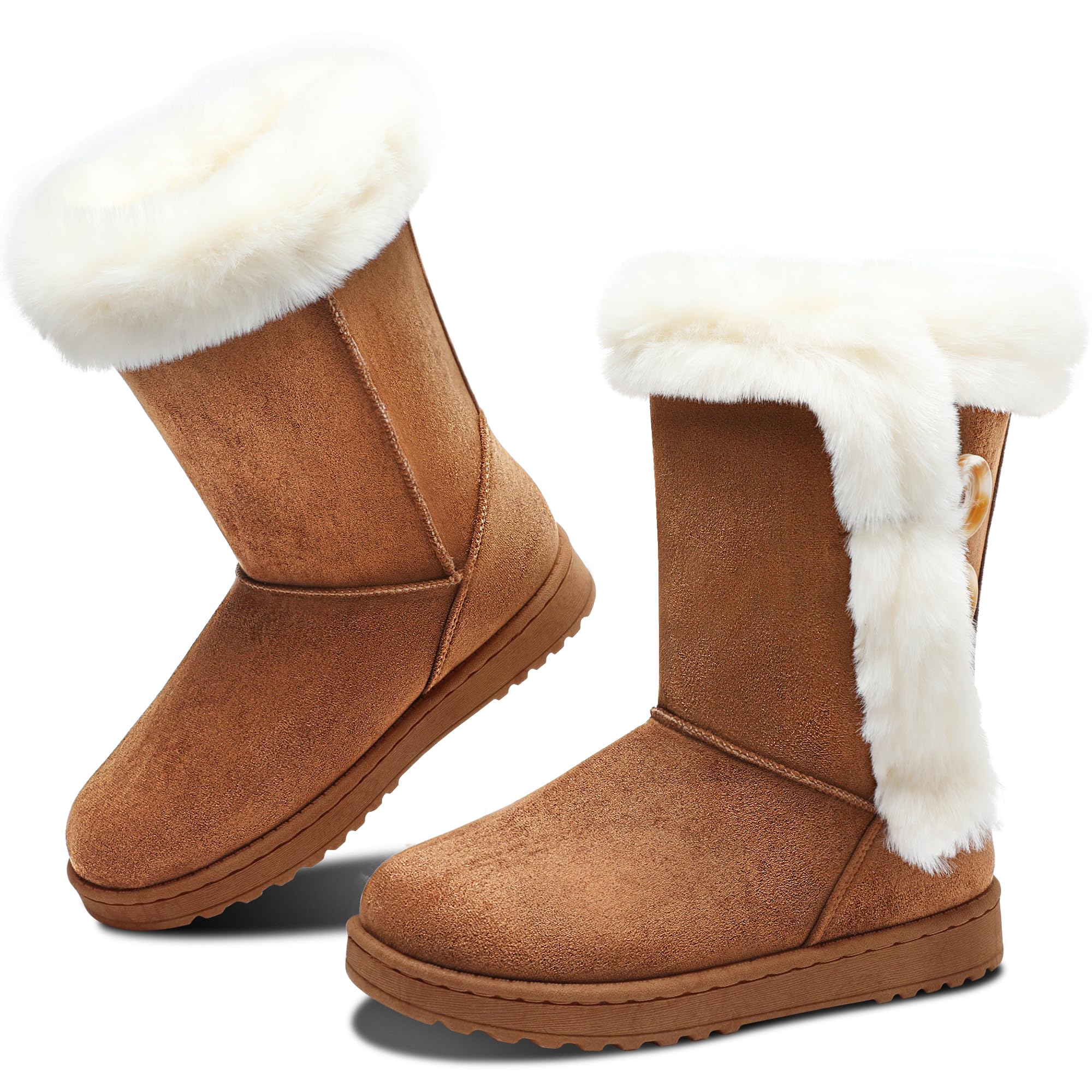 Obtaom Womens winter snow boots Short Mid Calf fashion boot Art Resin button Faux Suede boots for women