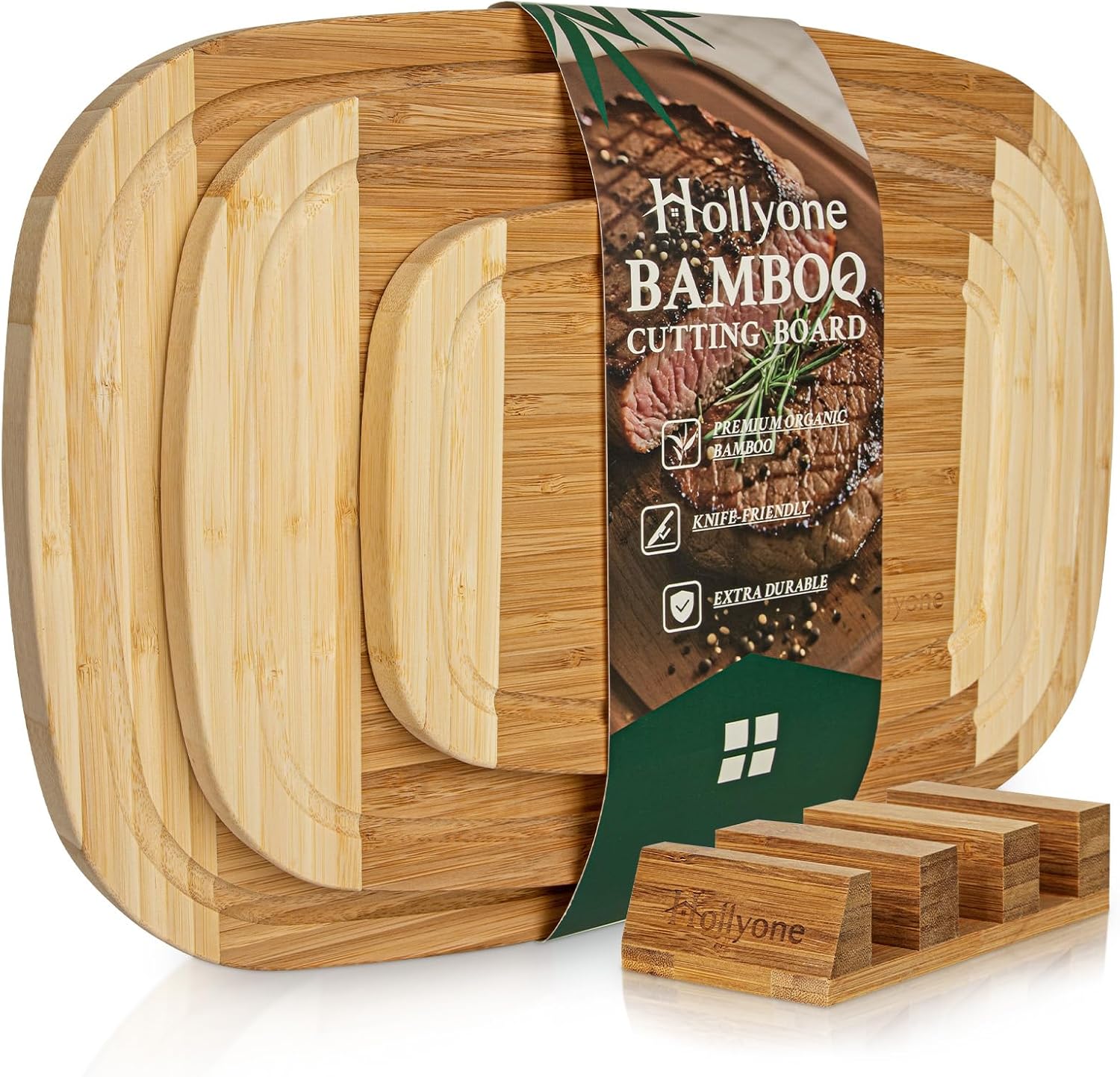 Hollyone Bamboo Cutting Board Set of 3 Wood Cutting Board for Kitchen Boards Set with Juice Groove Wooden Chopping Boards Block Meat Vegetables Ideal Kitchen Gift for Home Cooks