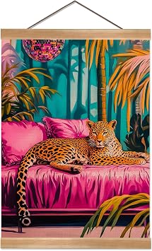 Pink Jungle Leopard Wall Art 12x16 Inches Vibrant Disco Aesthetic Poster, Hanging Linen Canvas Print with Solid Wood Frame, Trendy Room Decor for Girls Bedroom & Living Space Pink Panther-6