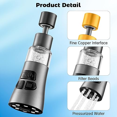 Miniatura 3 de Grifo de filtro de agua para fregadero, juego de filtro giratorio de 360 con 9 accesorios, extensor de rociador de 3 modos, purificador para