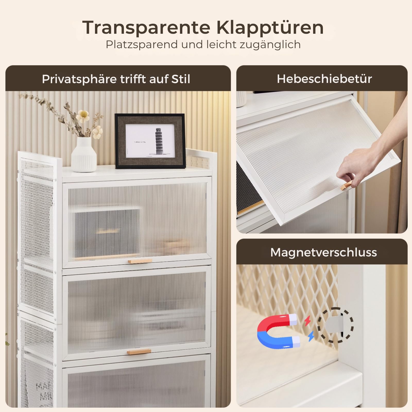LEADZM 4-stufiges Küchenschrank, Buffetschrank, Küchenregale Stehend, Mikrowellenschrank mit halbtransparenter PC-Tür, Bäckerregal, Standregal, Lagerregal für Küche Wohnzimmer (Weiß, 4)