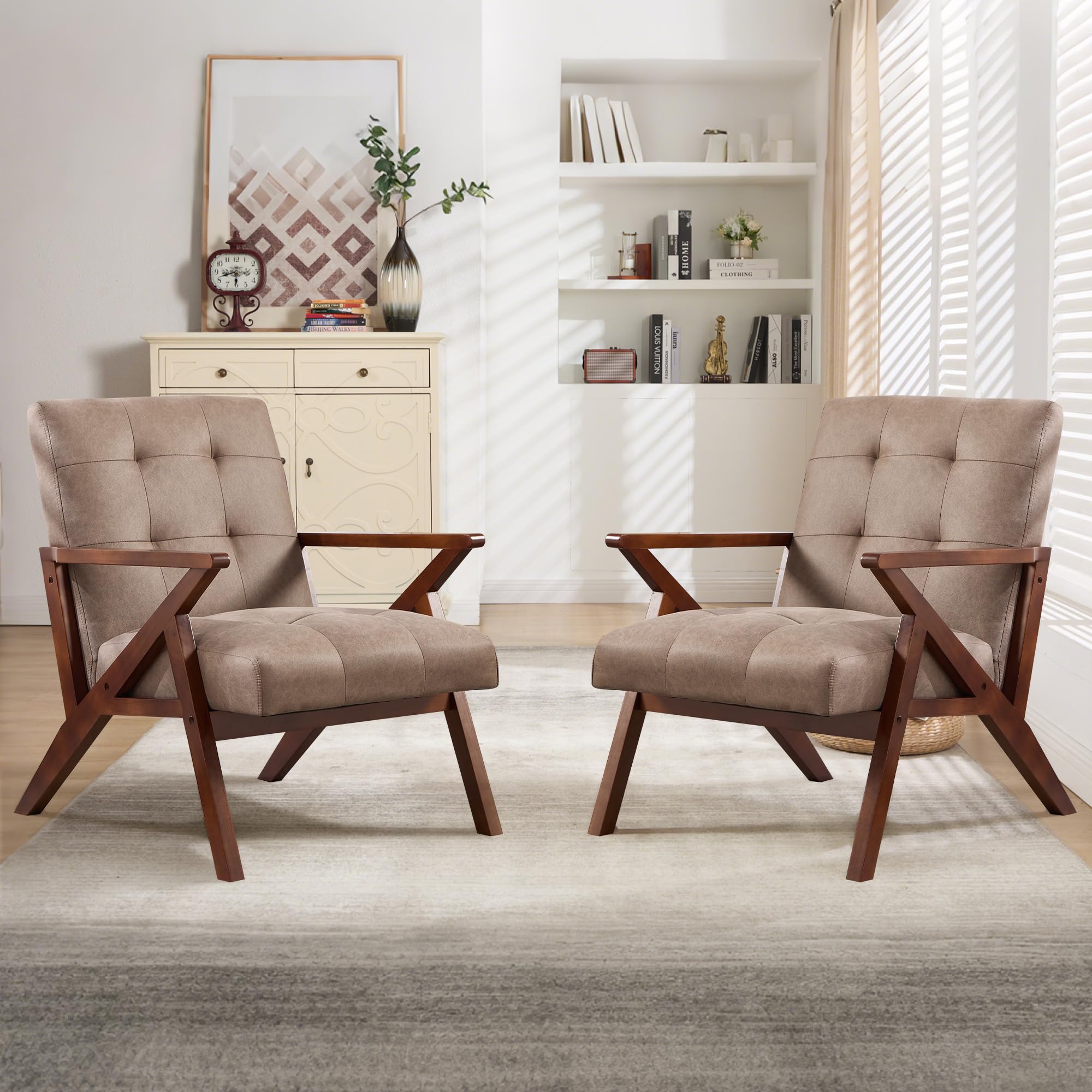 EBELLO Mid Century Accent Chair, Triangular Stable Frame Lounge Chair with High-Resilience Thick Cushion, PU Leather Upholstered Armchair with Tufted Back for Living Room, Bedroom,Khaki,Set of 2