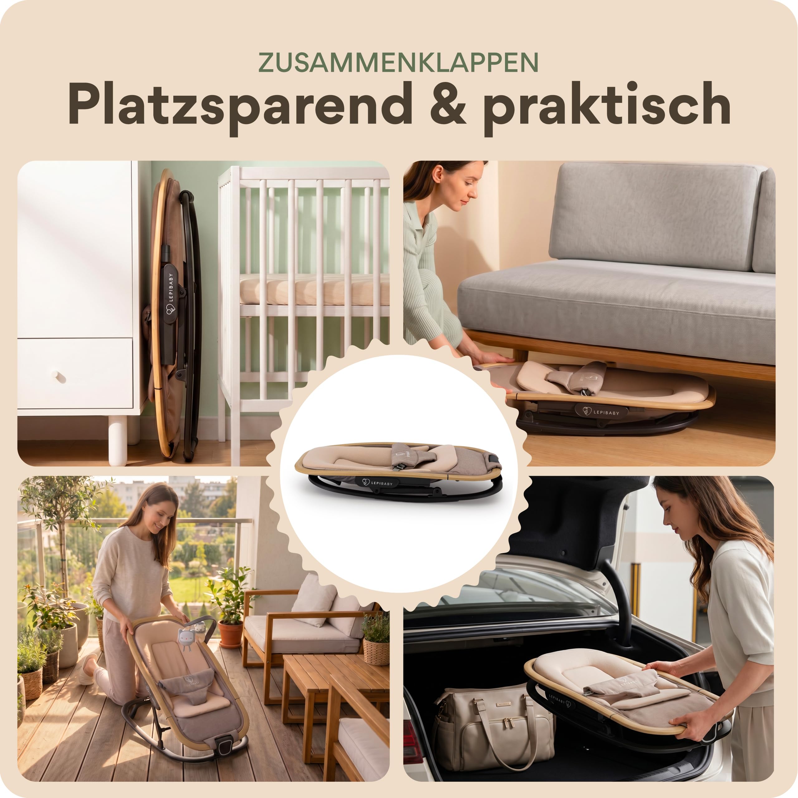 Babywippe Neugeborene, 0 bis 12 Monate, Baby Wippe, Baby Bouncer | Faltbarer Baby Rocker, Babyschaukel mit Spielbogen, Verstellbare Babywiege, Baby Schaukel leicht waschbar, FlexiBu Beige