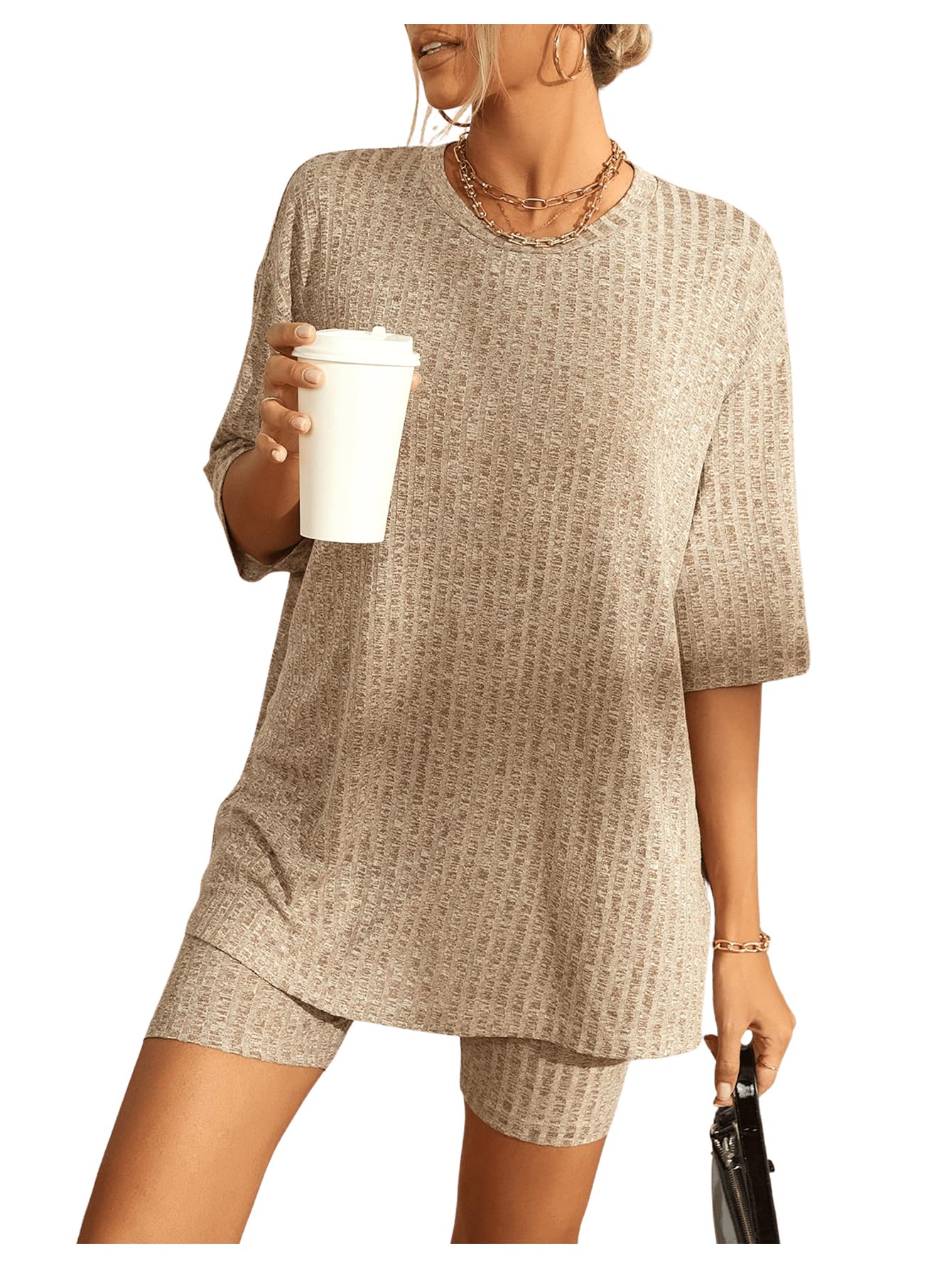 WDIRARAWomen's 2 Piece Outfits Ribbed Short Sleeve Drop Shoulder Tee and Shorts Set Tracksuits