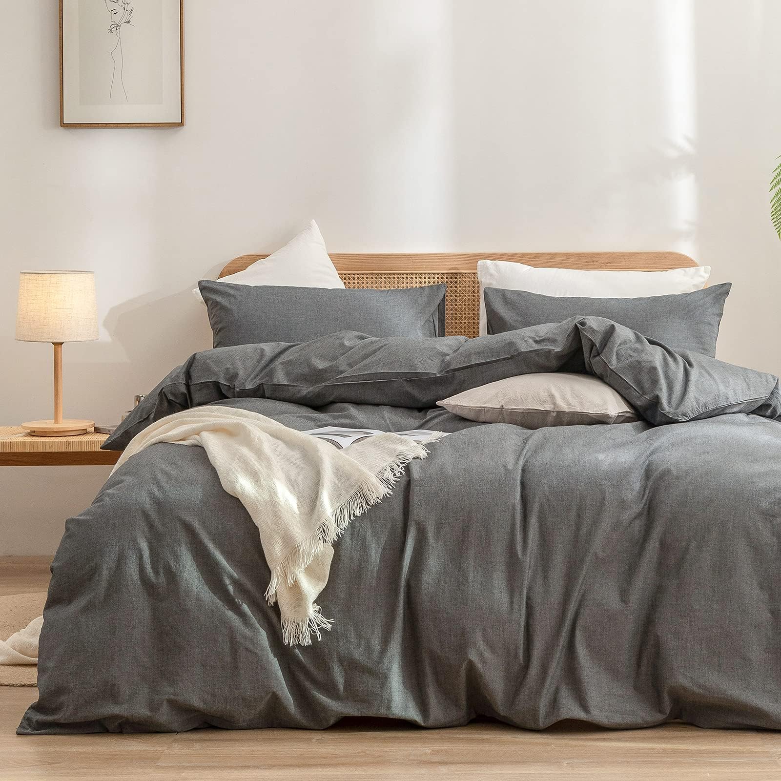 BESTOUCH Cotton Solid Duvet Cover Set Linen Feel Dark Grey Alaska King