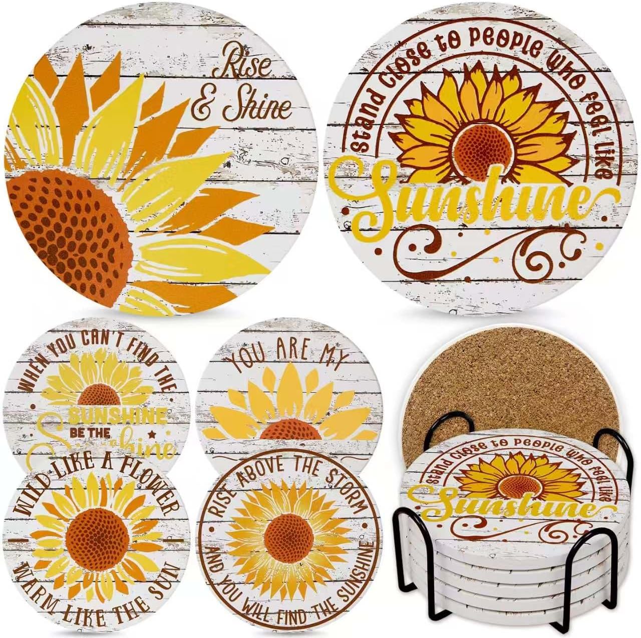 Sunflower Decor Coaster Set of 6,House Warming Gift Drink Absorbent Coasters with Holder, Coffee Table Decor Ceramic Stone Coaster for New Home,Apartment Kitchen Bar Living Room (Sunflowers)