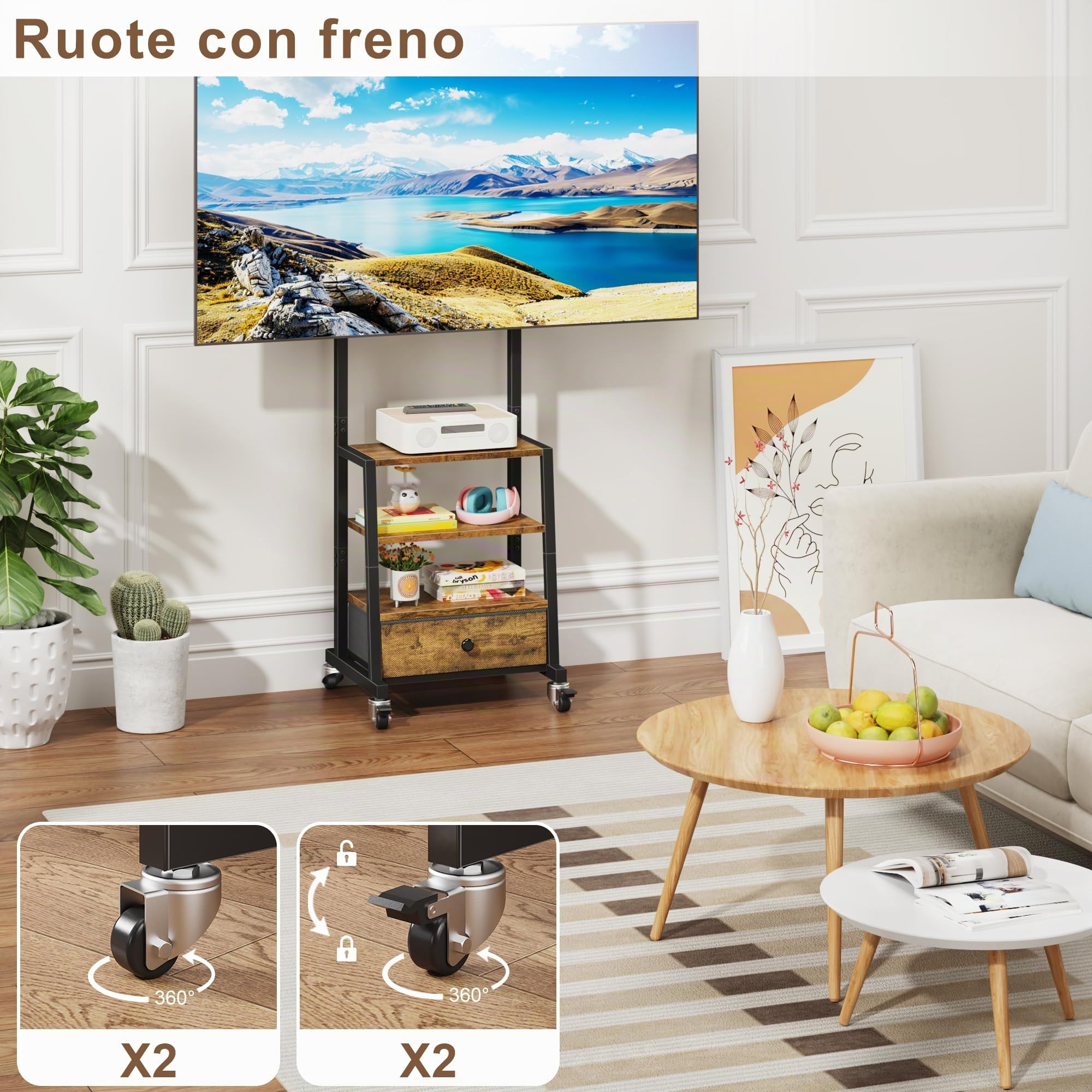 Supporto TV da Pavimento per TV 32-60 Pollici, Porta TV da Terra con 3 Ripiani e Cassetto in Tessuto, Mobile TV con Ruote, Altezza Regolabile, Max VESA 400x400 mm, Carico 40 kg, Marrone Vintage