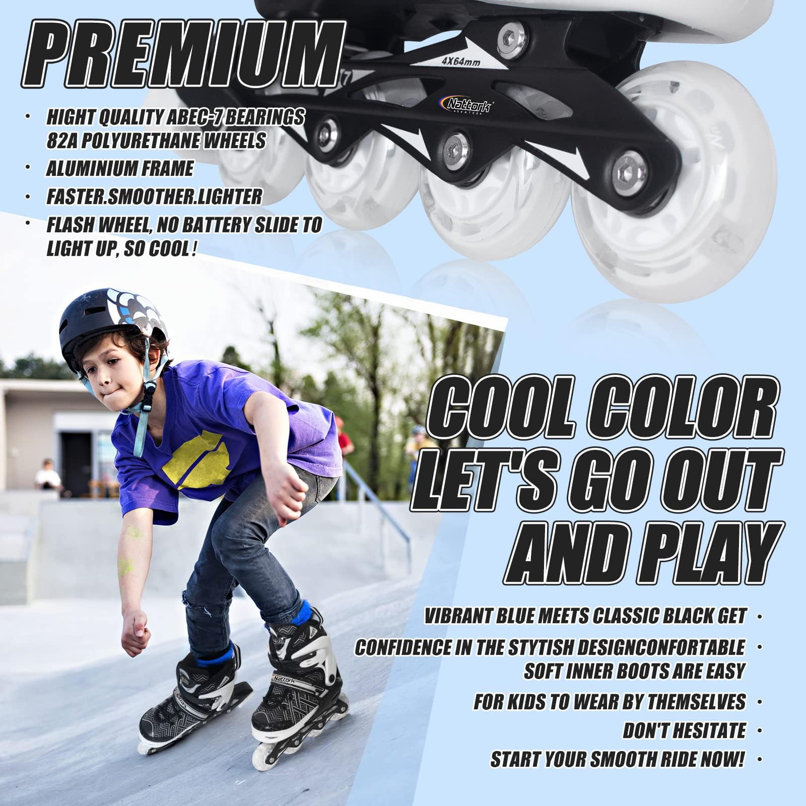 Nattork Verstelbare Inline Skates Kinderen Met Lichtgevende Wielen - Blauw Zwart Rood 3-15 Jaar