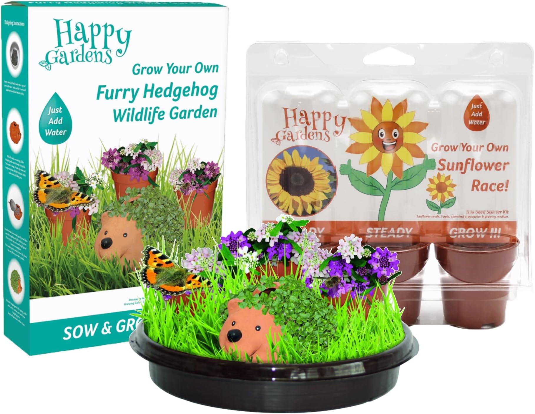 Happy Garden’s Sunflower Race & Hedgehog Bundle. Grow Your Own Sunflowers & Flowers from Seed, Kids Gardening Gift Set.
