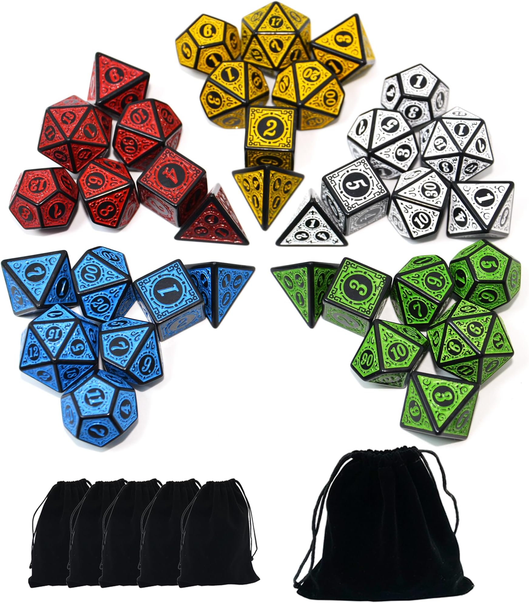 SmartDealsPro Double-Colors Polyhedral Dice Sets with Pouches for D&D DND RPG MTG Dungeon and Dragons Table Board Roll Playing Games D4 D6 D8 D10 D% D12 D20 (5-Color Retro Sets)