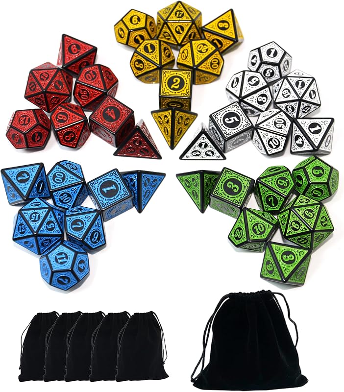 Double-Colors Polyhedral Dice Sets with Pouches for D&D DND RPG MTG Dungeon and Dragons Table Board Roll Playing Games D4 D6 D8 D10 D% D12 D20 (5-Color Retro Sets)