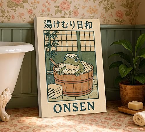 Miniatura 7 de Lienzo de pared de rana japonesa para baño, pintura de rana linda en la bañera, póster vintage divertido de animales, impresión de bañera de bambú,