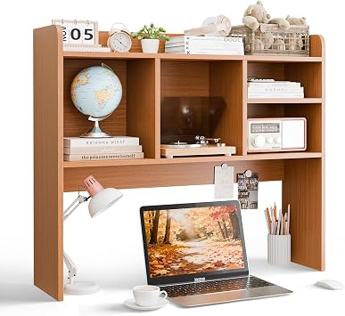 Desktop Bookshelf with 5 Shelves Wood Storage Hutch Organizer for Computer Desk 3-Tier Countertop Display Rack for Home Office Dorm, Natural