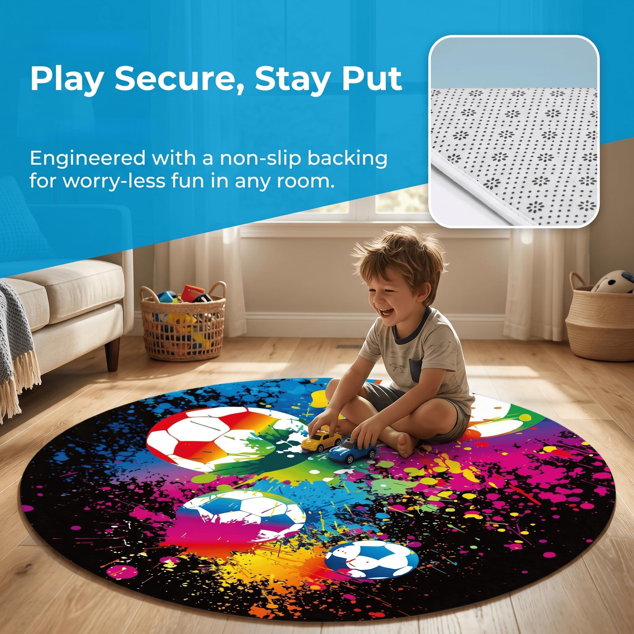 Runder Fußball-Teppich, 120 cm, rutschfeste Mikrofaser, für Schlafzimmer, Wohnzimmer, Arbeitszimmer, Nachttisch, Kinderzimmer, Bodenmatte, Teppich, Heimdekoration, 120 cm