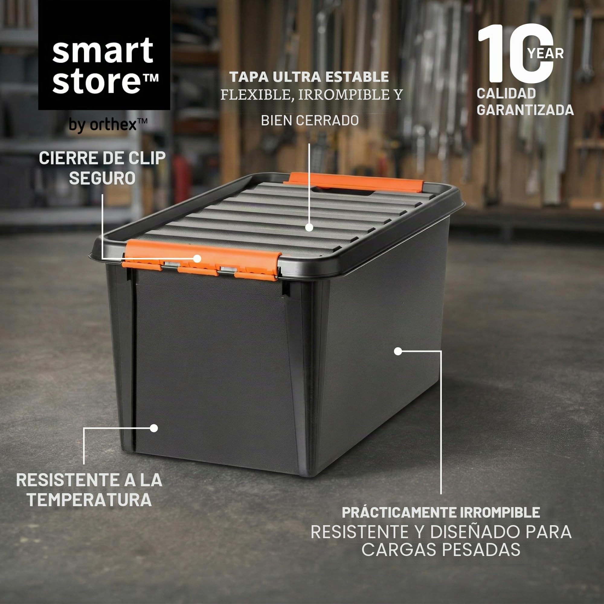 SmartStore Caja Almacenaje Resistente con Tapa I 49L I Pack 4 Cajas Apilables I Garaje Taller Mudanza I Cierre Clip I Made in Sweden I Negra I 59 x 39 x 34 cm