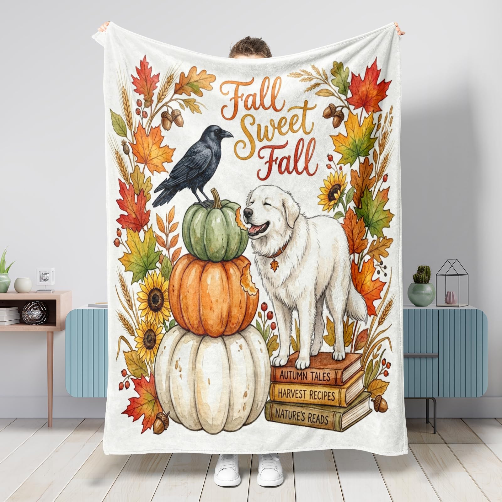 Couverture Chien des Pyrénées en flanelle de luxe pour un salon élégant en automne