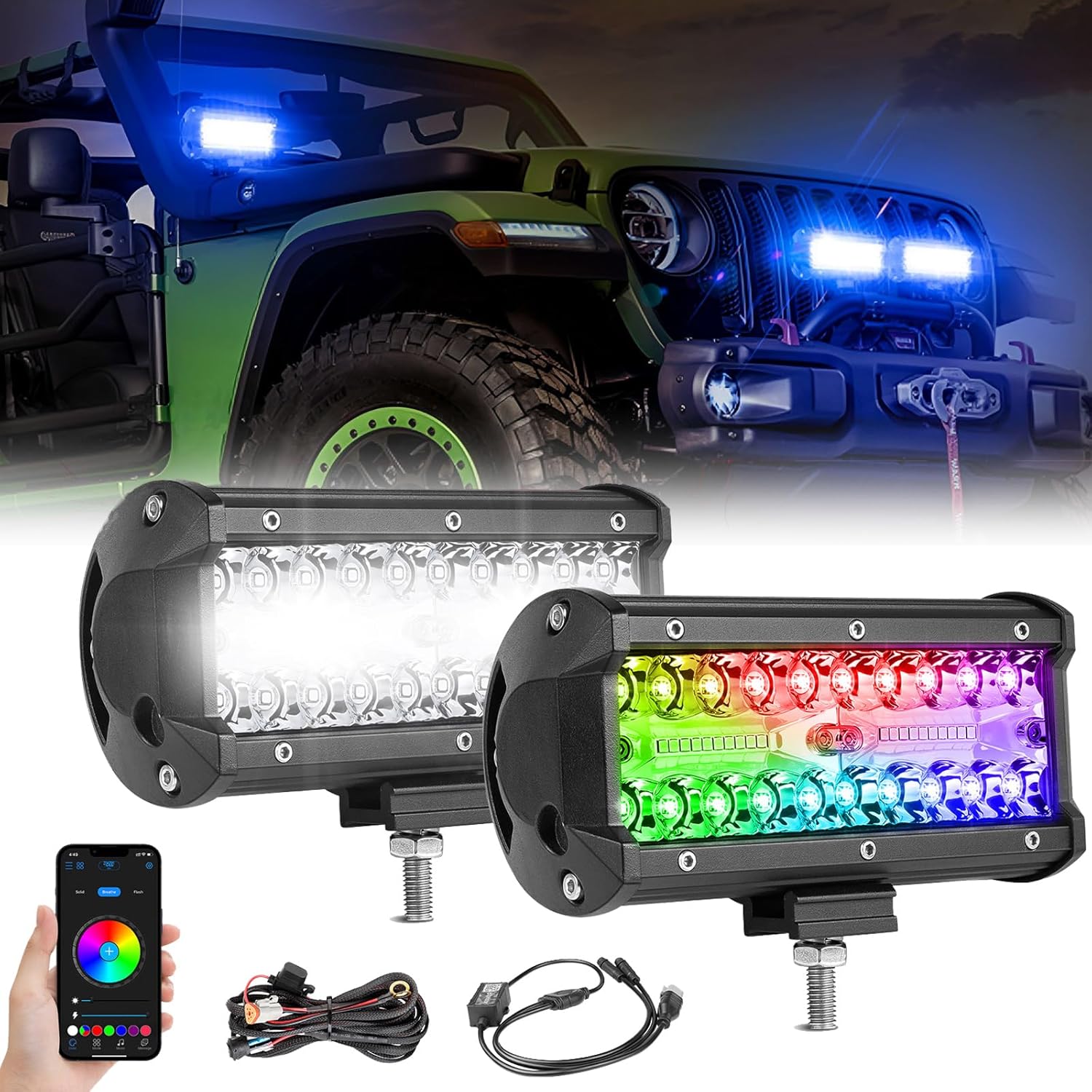 RGB Pod Lights 7 Inch LED Light Bar RGBW Color Changing Light Pods RGB LED Offroad Driving Lights for Wrangler F150 Toyota Ram Chevy Pickup Truck UTV RZR Can-am ATV