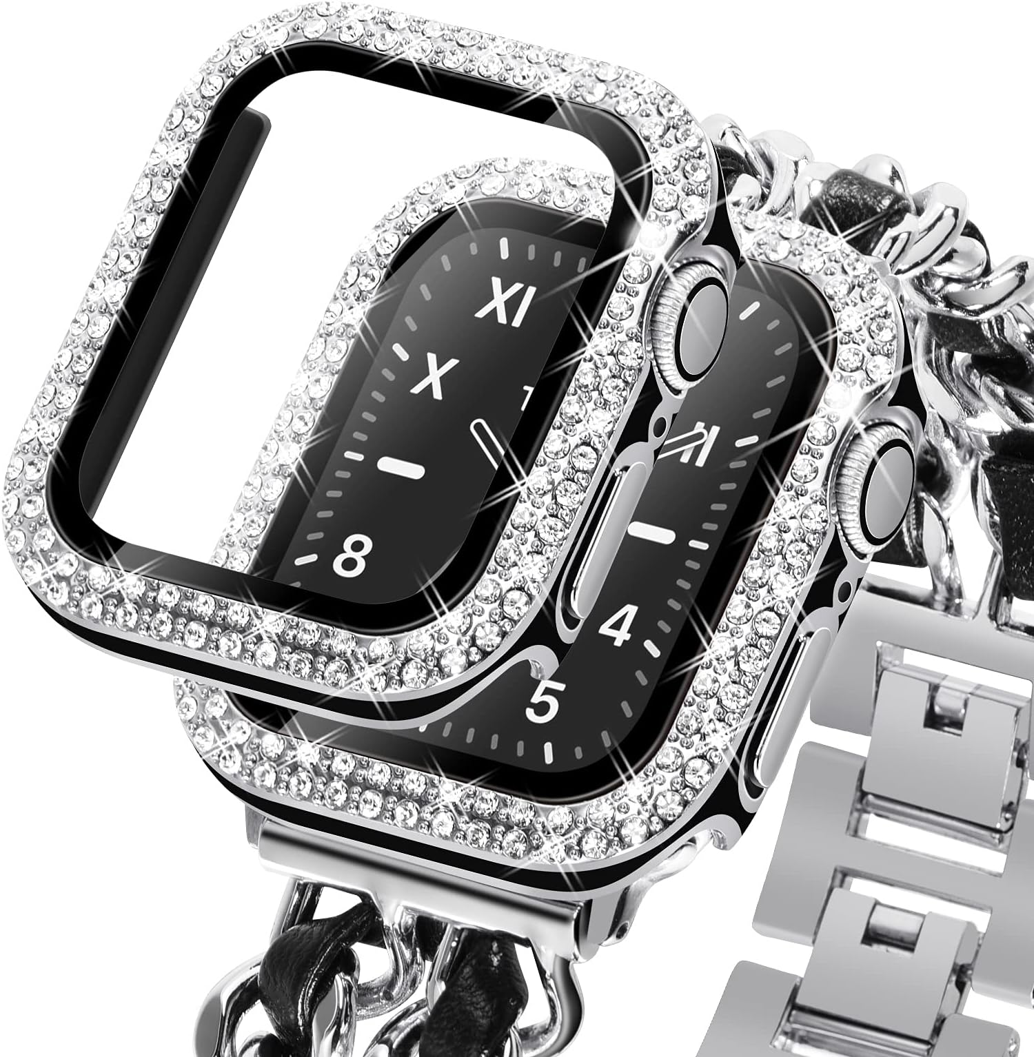 KADES Compatible for Bling Apple Watch Protective Case with Built-in Screen Protector for Apple Watch 38mm iWatch Series 3 2 1 (38mm, Black w/Silver Edge)