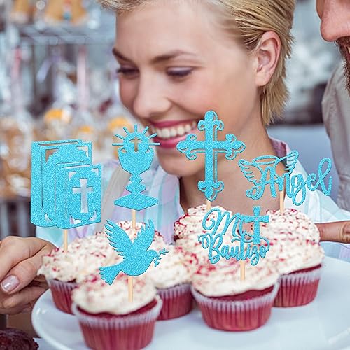 Miniatura 7 de 24 piezas de adornos azules para cupcakes Mi Bautizo con purpurina de ángel Dios bendiga Cupcake Picks Bible Dove Santo Grial Cruz Decoración para