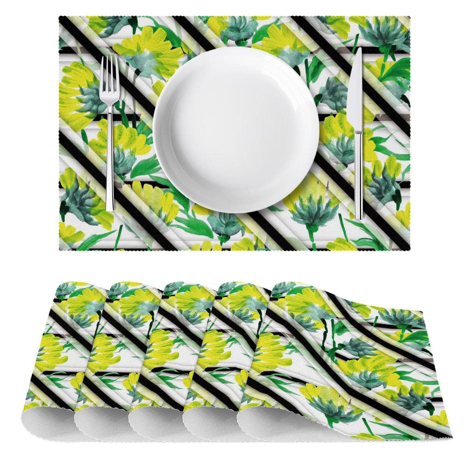 Moderne Platzsets, Aquarell-Gelb, Blumenmuster, 6 Stück, Premium-Tischset, hitzebeständig, waschbar, 45 x 30 cm