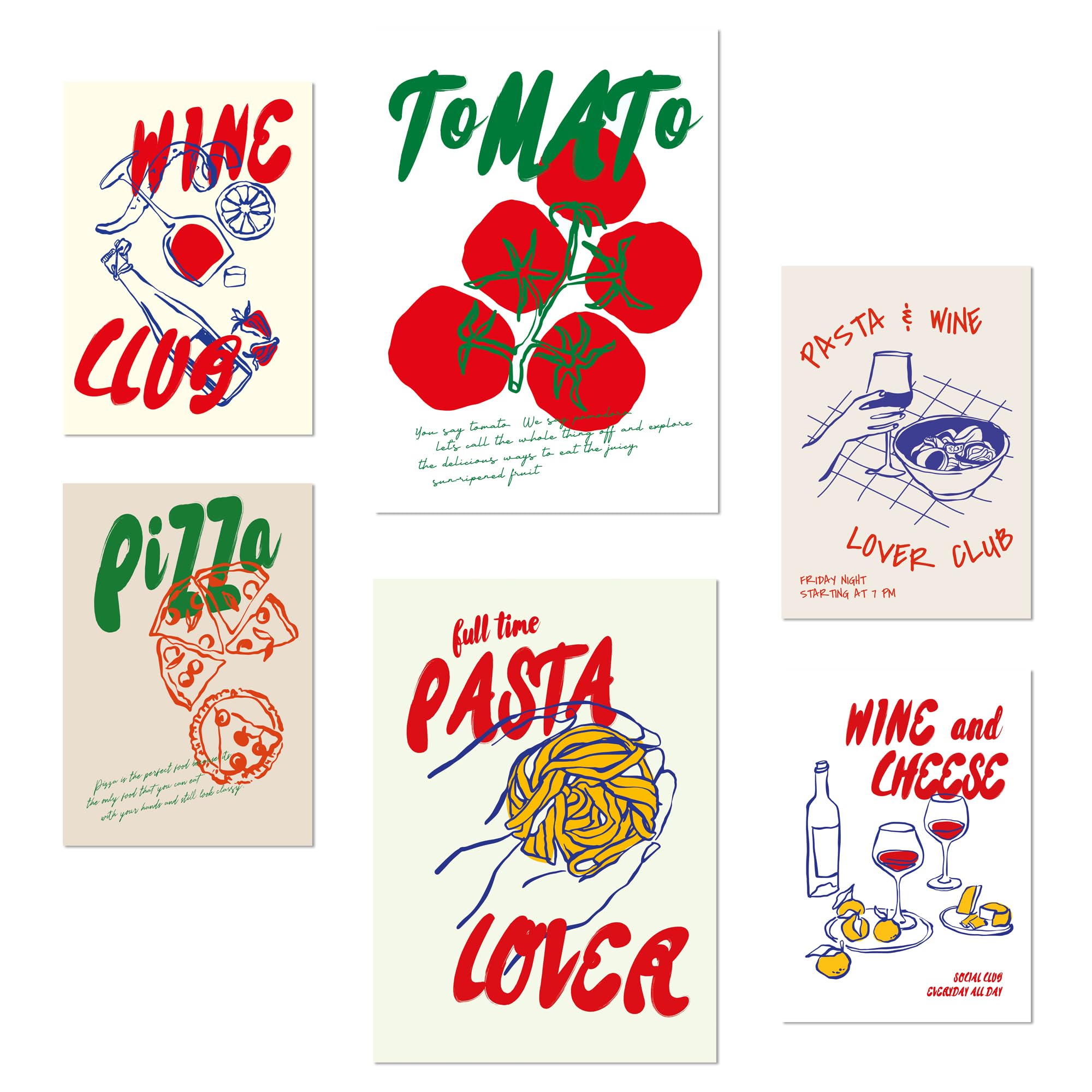 Nacnic Set of 6 posters Food Illustrations And Pop Art Style Tomato Pasta And Pizza Design illustration to decorate the walls of home. Rooms office shop. A3 & A4 size. Frameless.