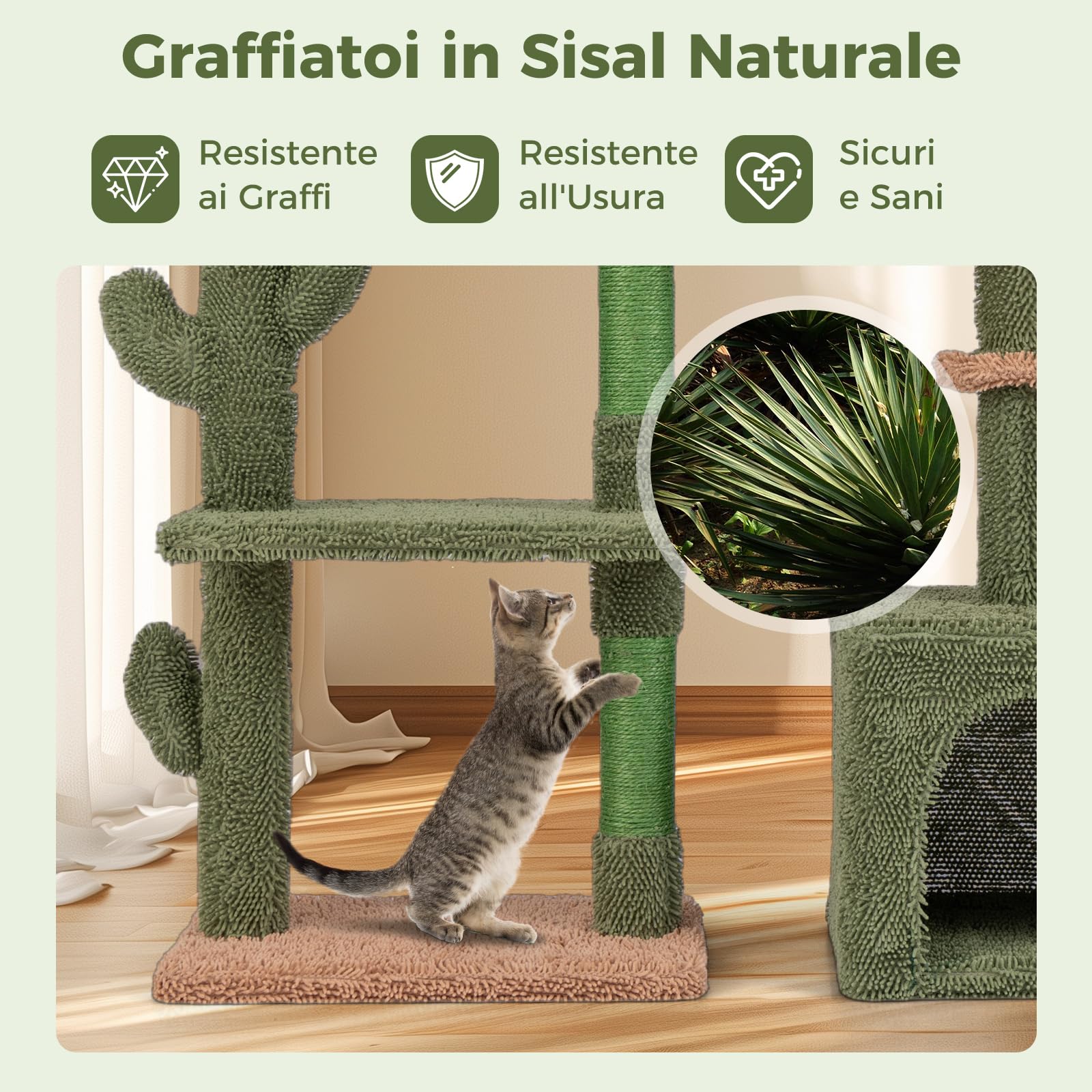 COSTWAY Tiragraffi per Gatti Moderno, Torre per Gatti Estetica a Forma di Cactus con Ripiano, Condo, Amaca, Posti per Graffi in Sisal e Cuscino Lavabile, Albero per Gatti Adulti e Cuccioli