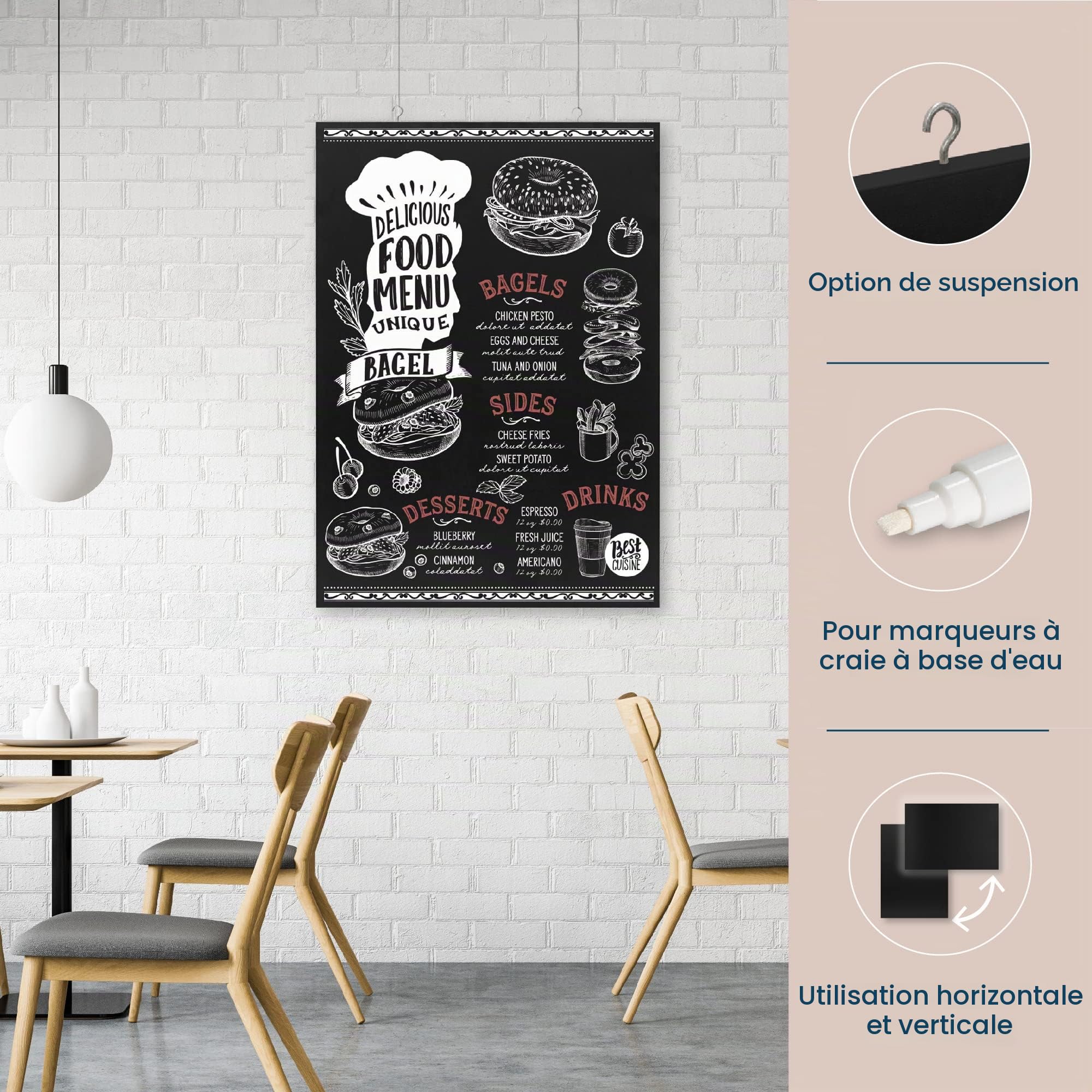 EUROPEL Tableau noir, Tableau Mural pour Écriture au Marqueur-craie, pour la Maison, Cuisine, Bureau, École, Bar, Décoration d'Événements Festifs, Ardoise Pense-bête, pour Message, Publicité (60x84cm)